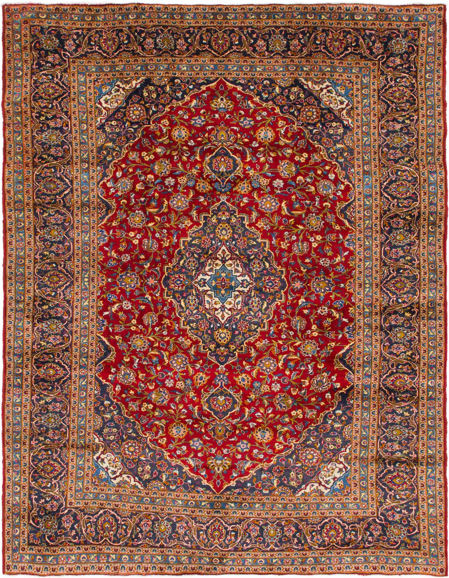 A large 10x13 rectangular red Persian wool rug with a central medallion and intricate botanical patterns in blue, gold, and cream.