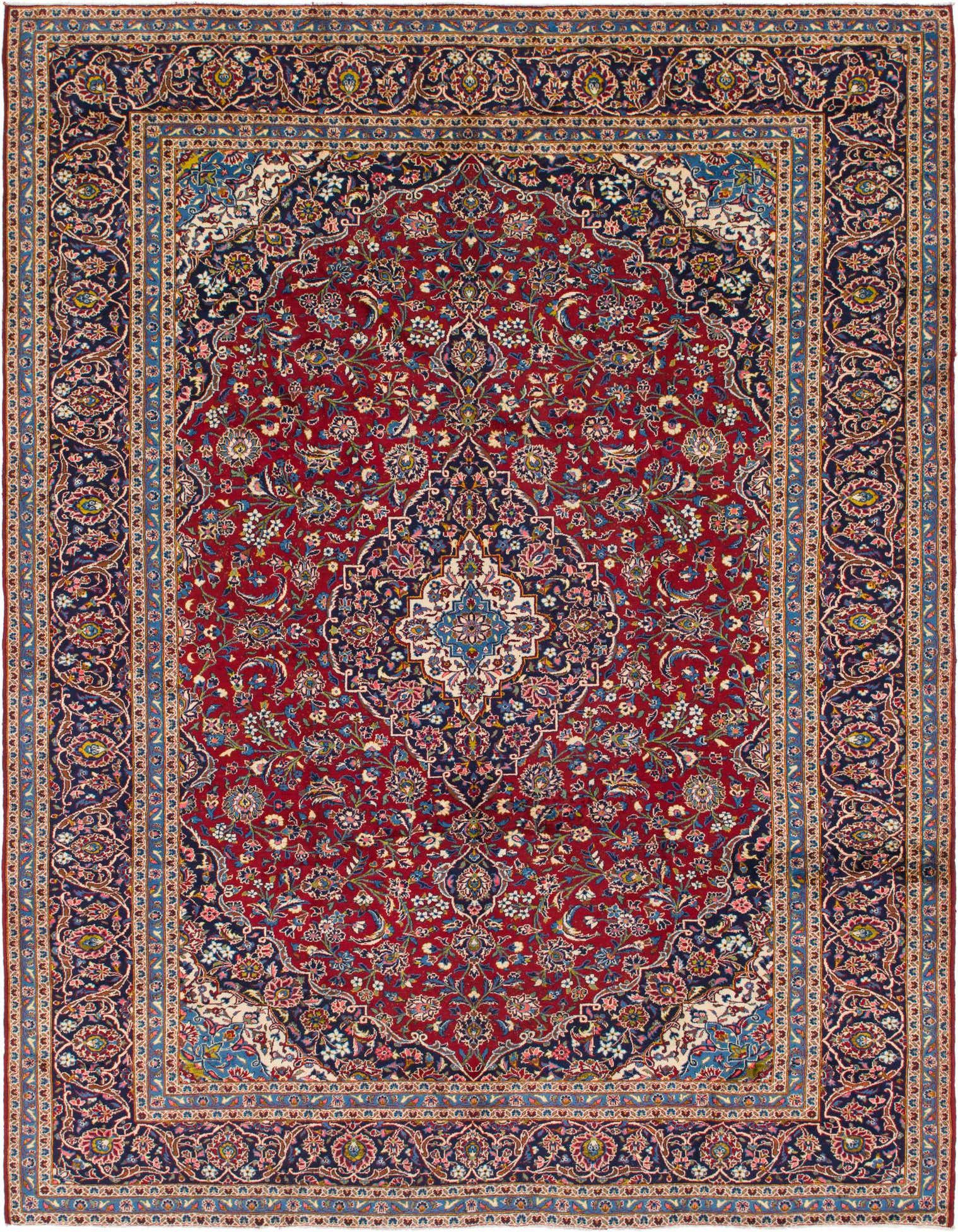 A 10x13 rectangular red Persian wool rug with a central medallion and intricate botanical patterns, framed by a dark blue border.
