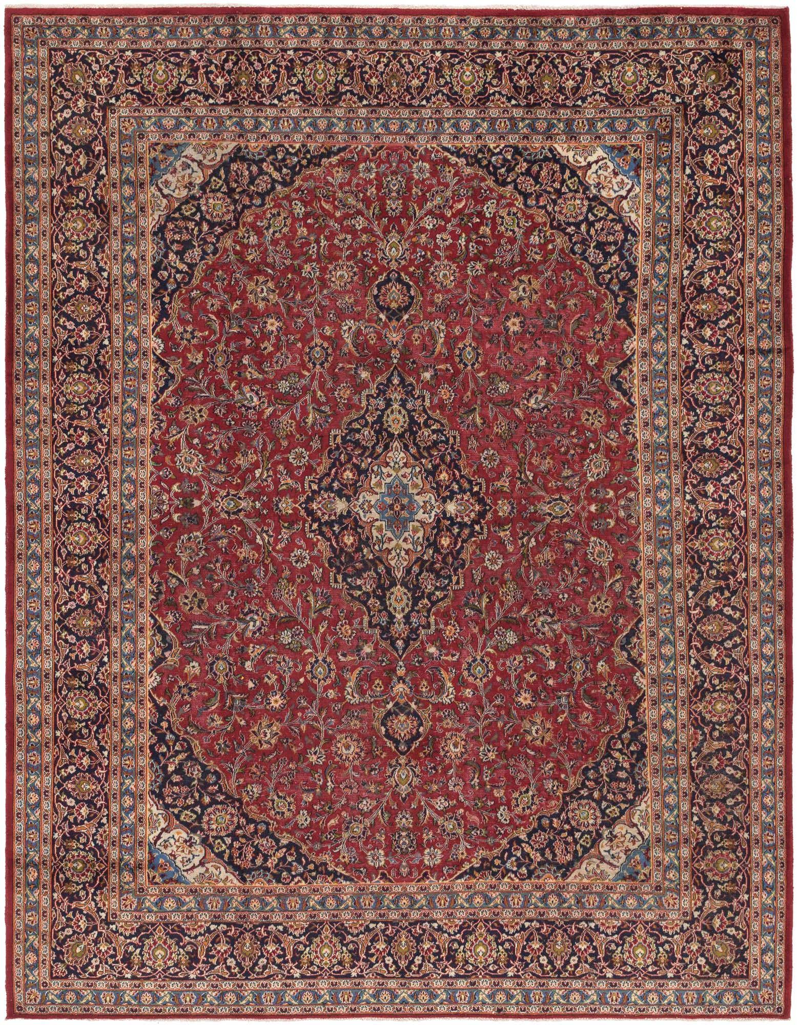 A 10x13 rectangular red Persian wool rug with an intricate botanical medallion pattern and a dark border.