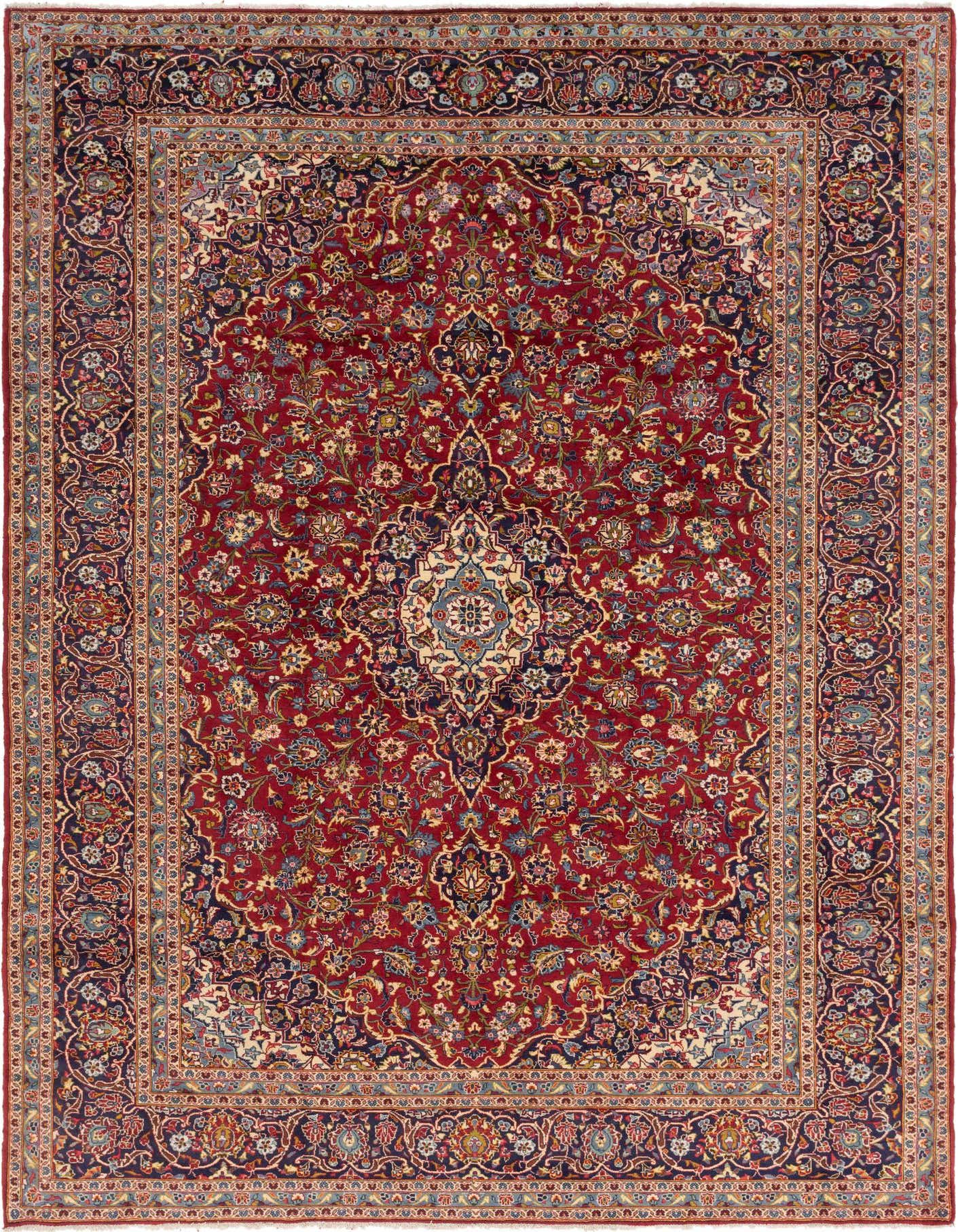 A 10x13 rectangular red Persian wool rug with an intricate botanical medallion pattern and a detailed border.