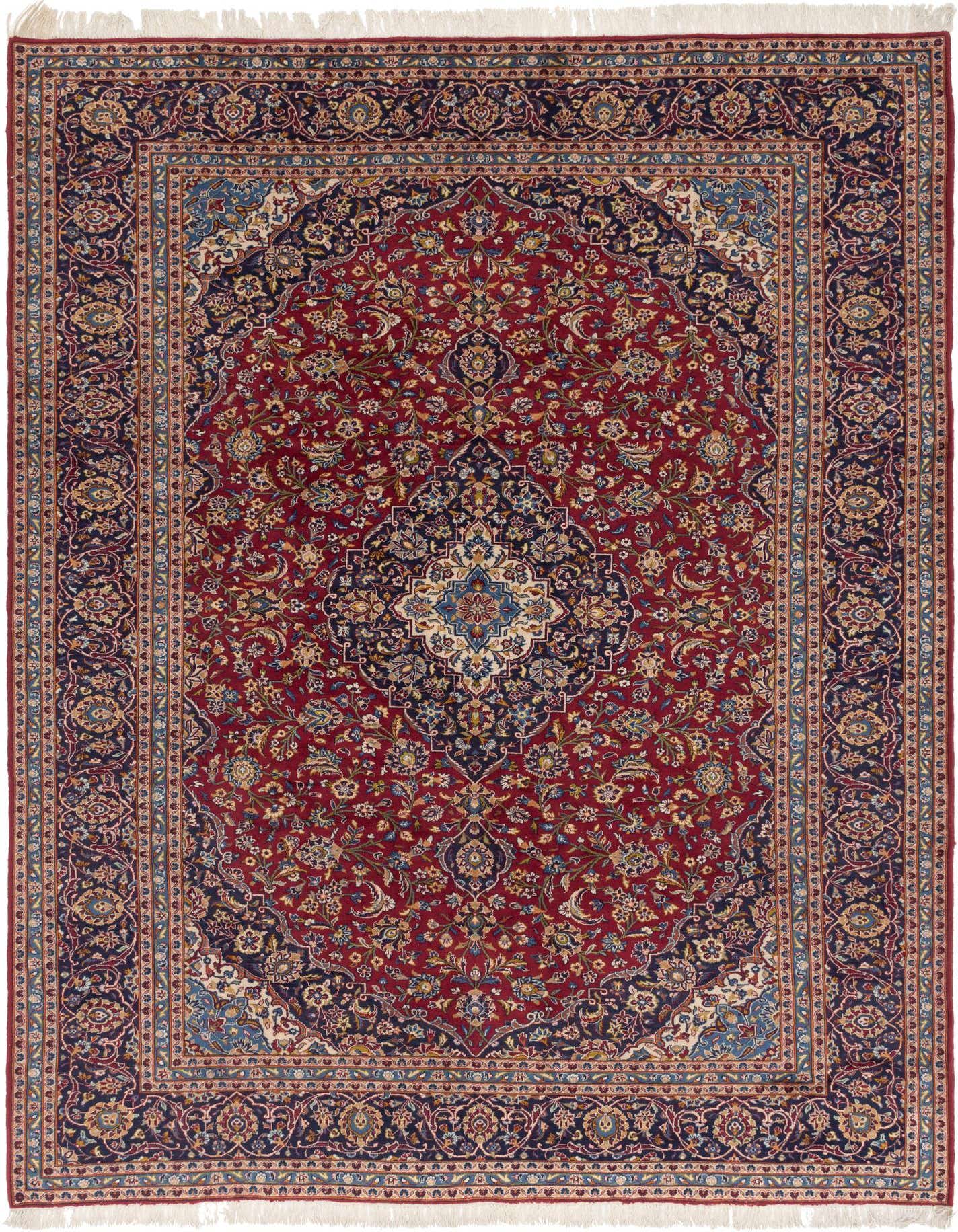 A 10x13 rectangular red Persian wool rug with an intricate central medallion and botanical patterns, featuring navy and gold accents.