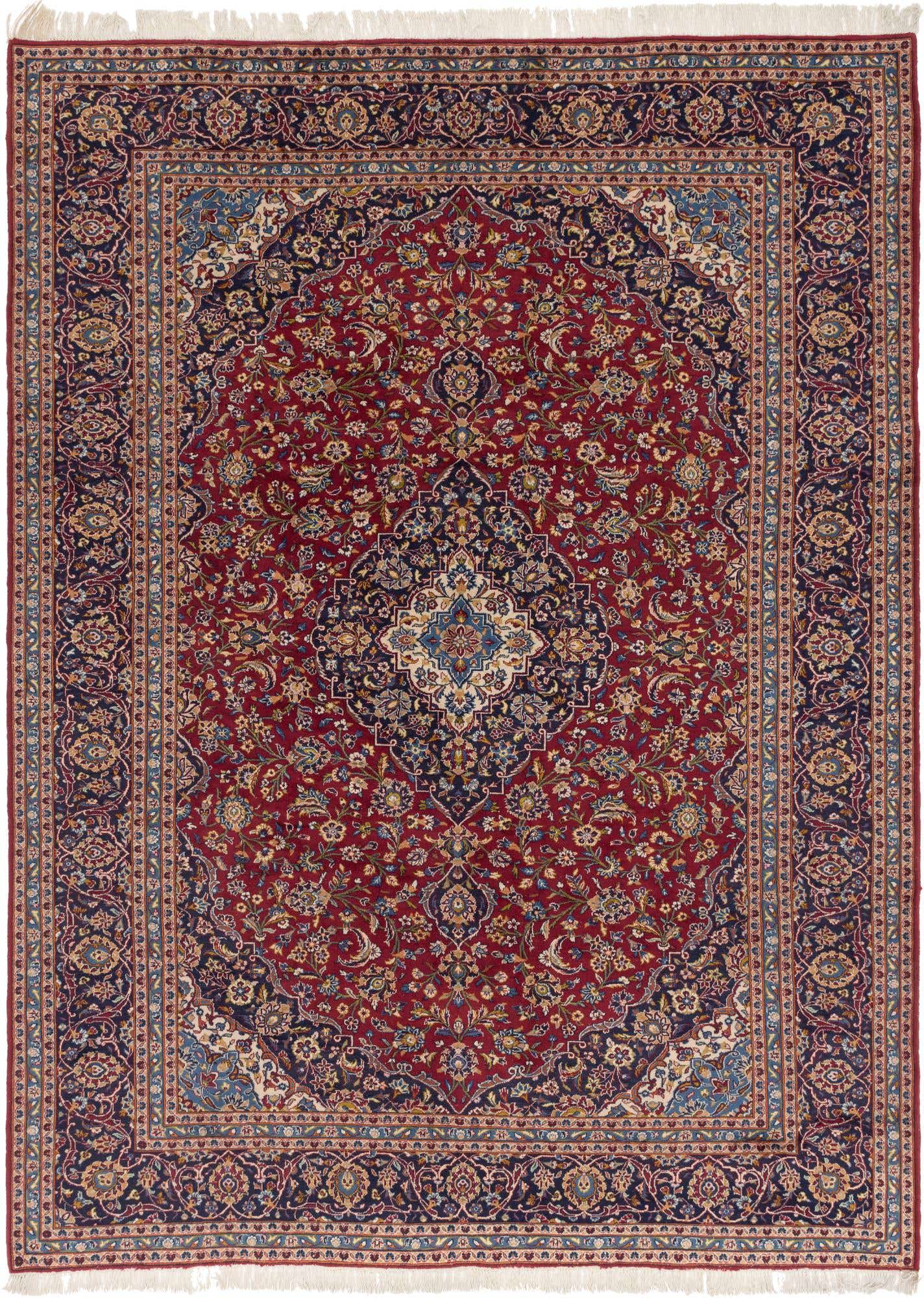 A 10x13 rectangular red Persian wool rug with an intricate central medallion and botanical patterns, featuring navy and gold accents.