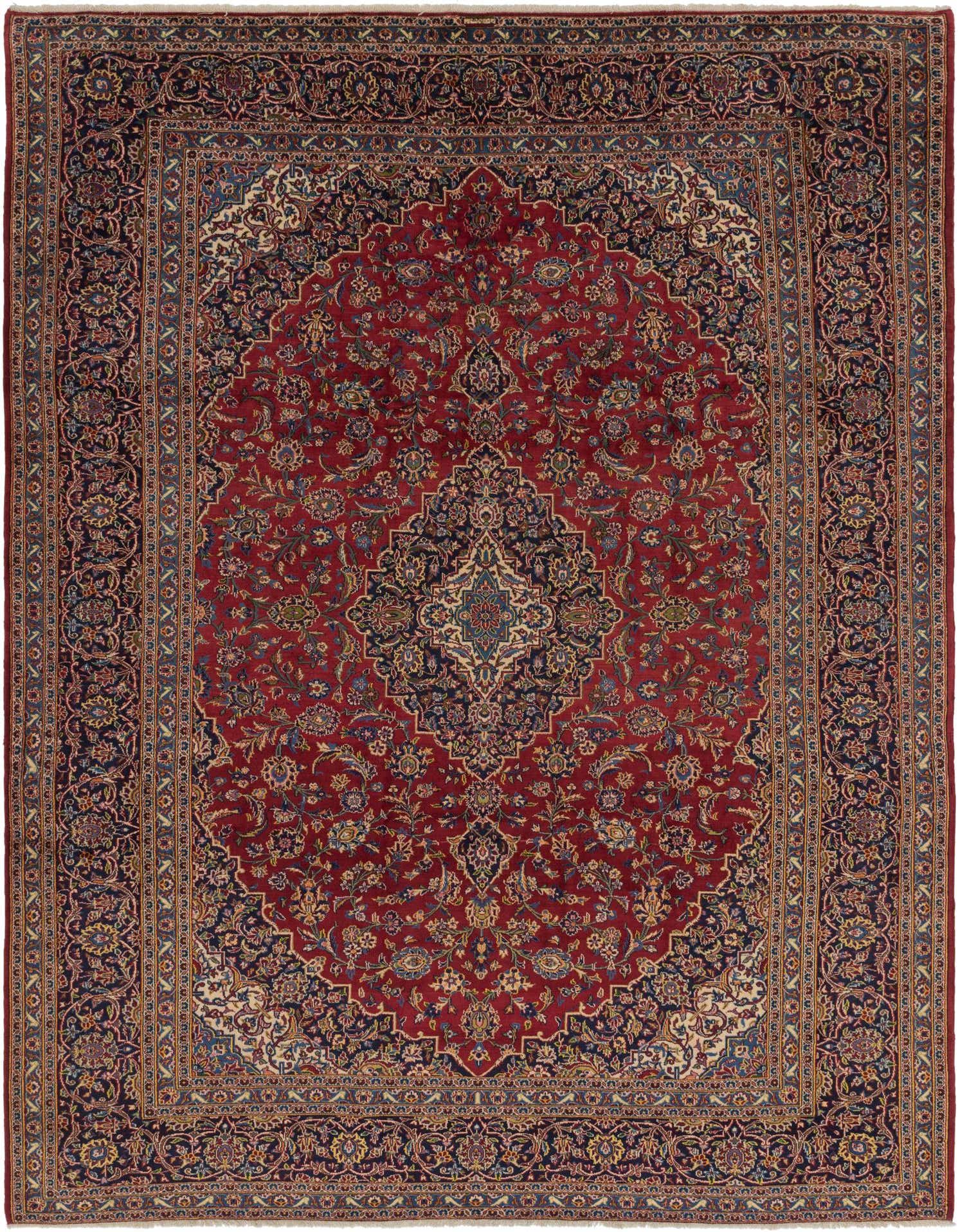 A 10x13 rectangular red Persian rug with a central medallion and intricate botanical patterns, ideal for a living or dining room.