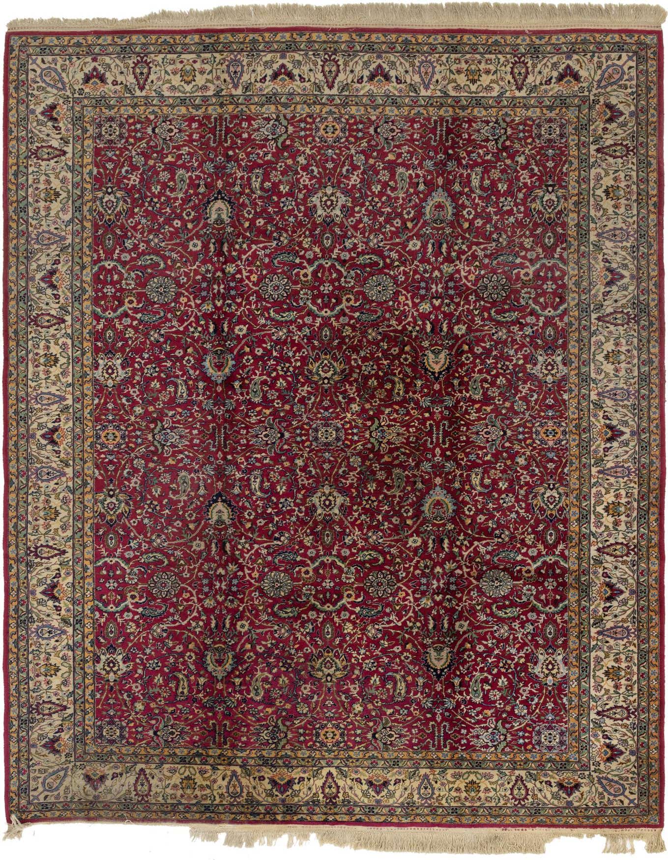 An 8x12 rectangular red wool rug with an intricate traditional floral and botanical pattern, featuring a cream border.