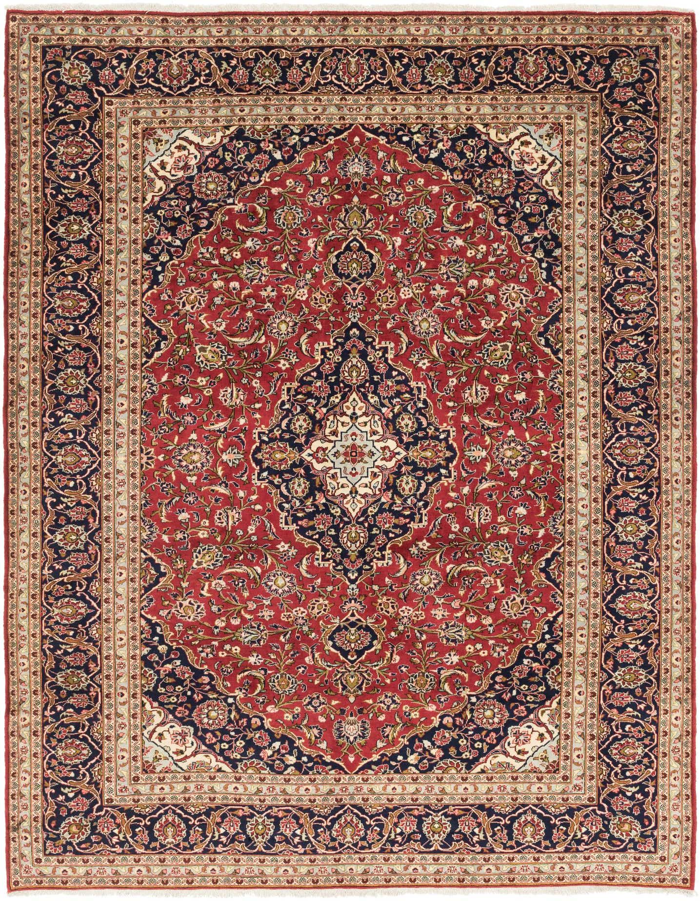 A 10x13 rectangular red Persian rug with a central medallion and intricate botanical patterns, ideal for a living room.