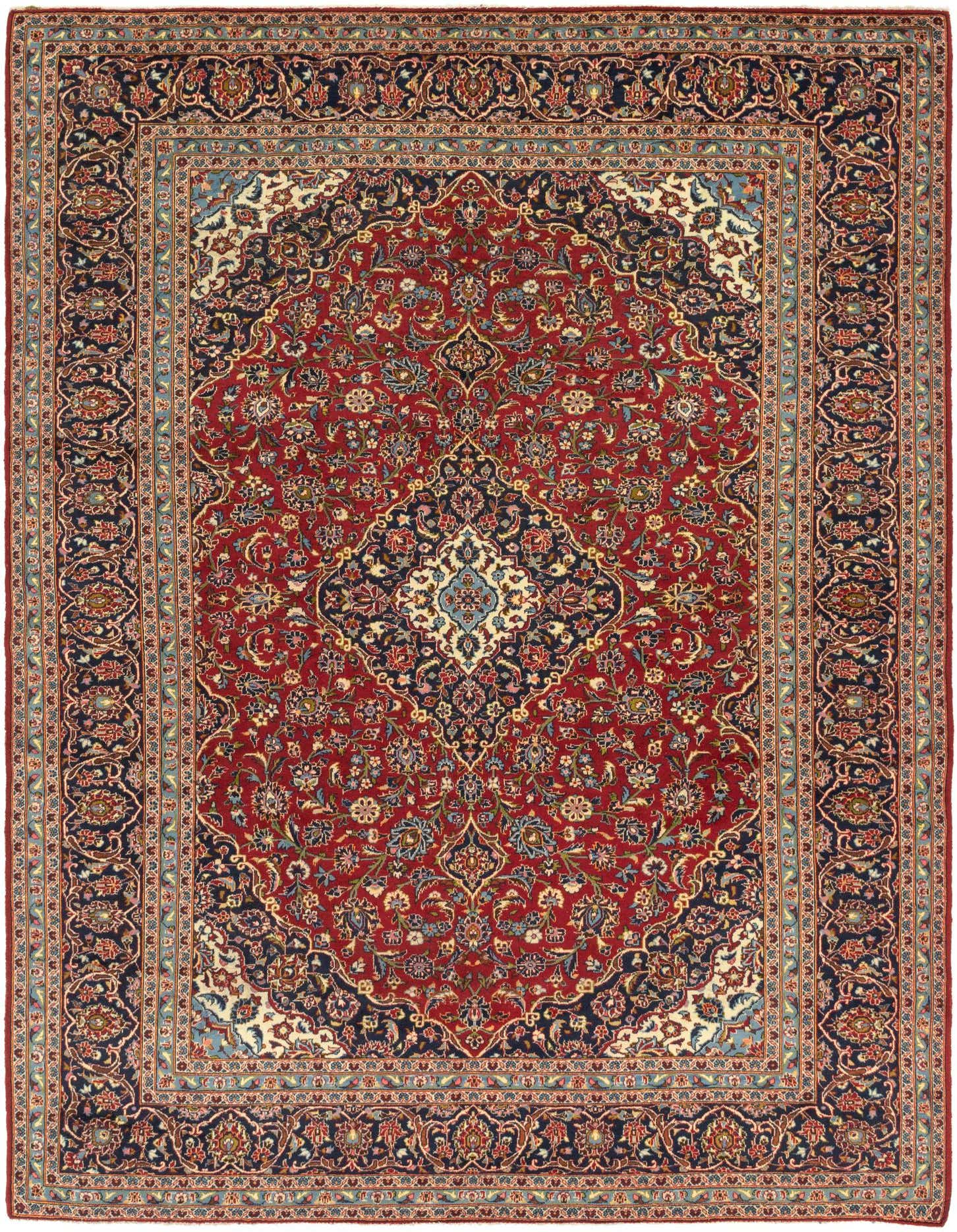A large 10x13 rectangular red Persian rug featuring an intricate navy medallion and botanical patterns, ideal for a living room.