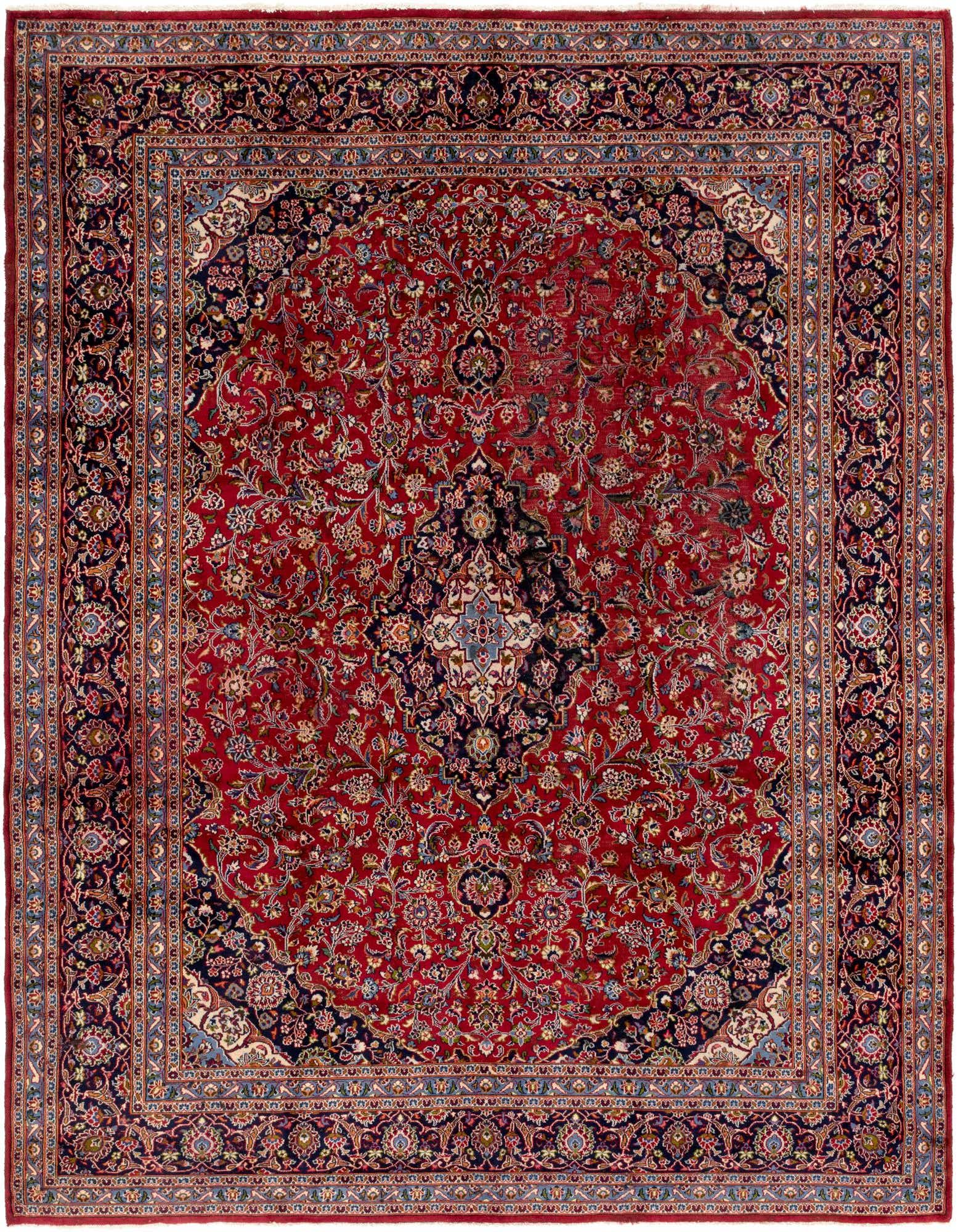 A 10x13 rectangular red Persian wool rug with an intricate traditional medallion pattern and navy border.