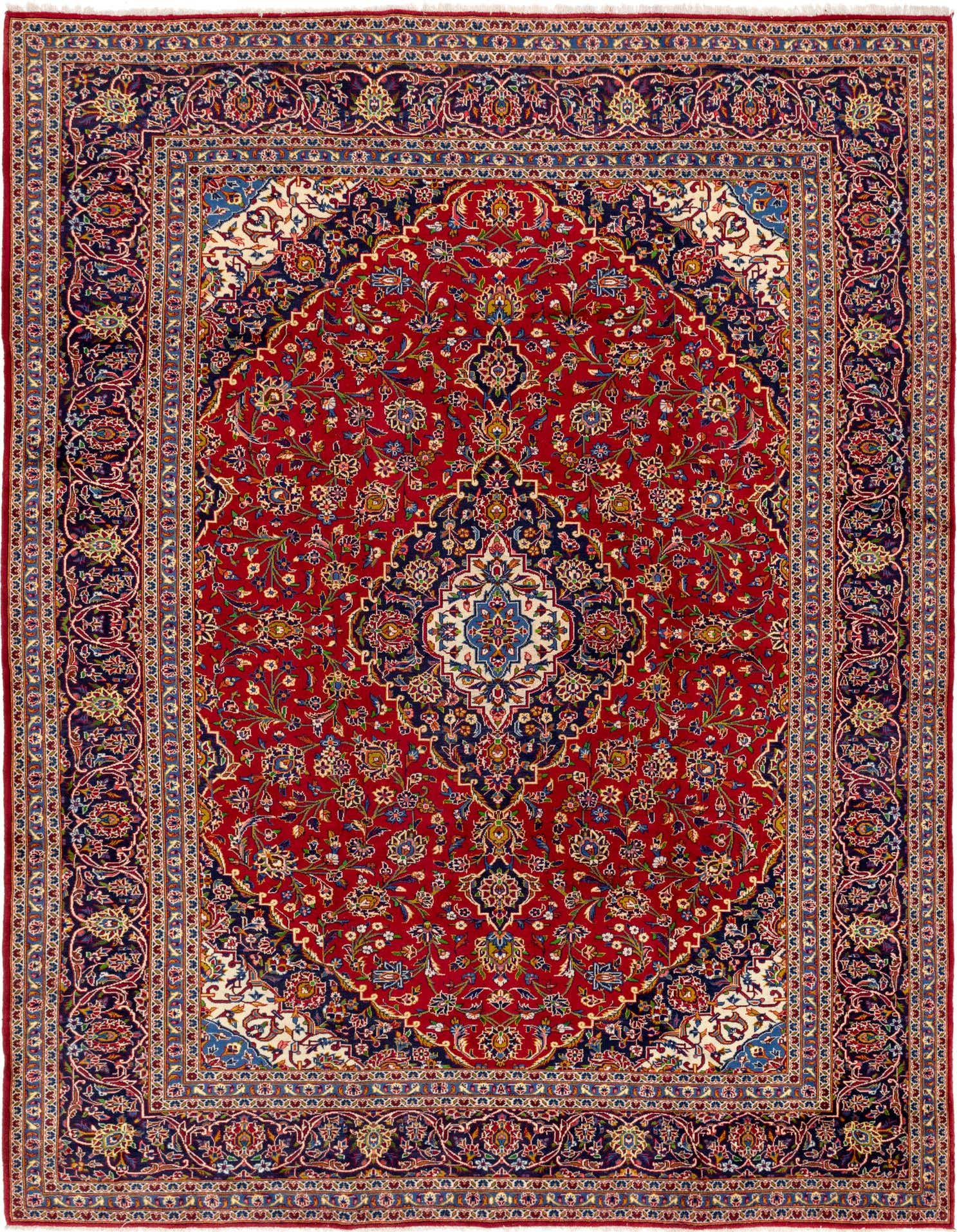 A 10x13 rectangular red Persian rug with a detailed botanical medallion pattern and a navy blue border.