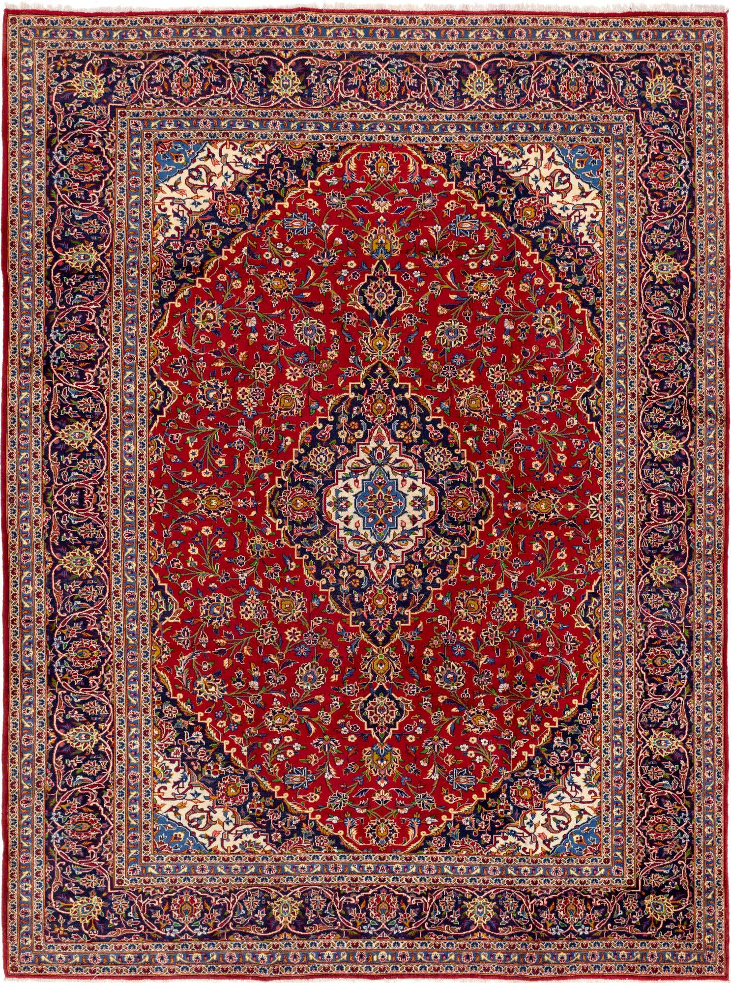 A 10x13 rectangular red Persian rug with a detailed botanical medallion pattern and a navy blue border.