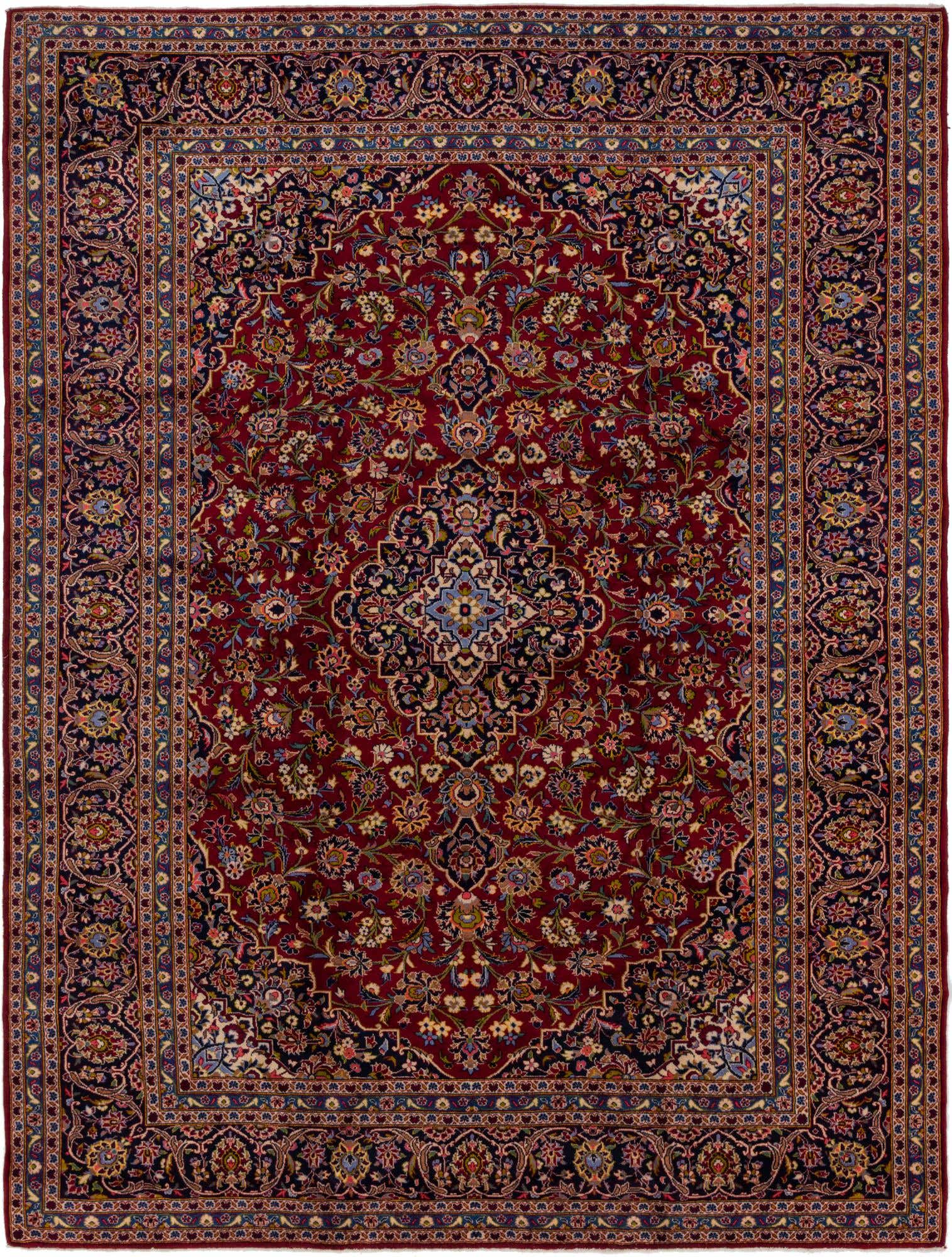 A 10x13 rectangular red Persian rug with an intricate floral medallion pattern and a dark blue border.