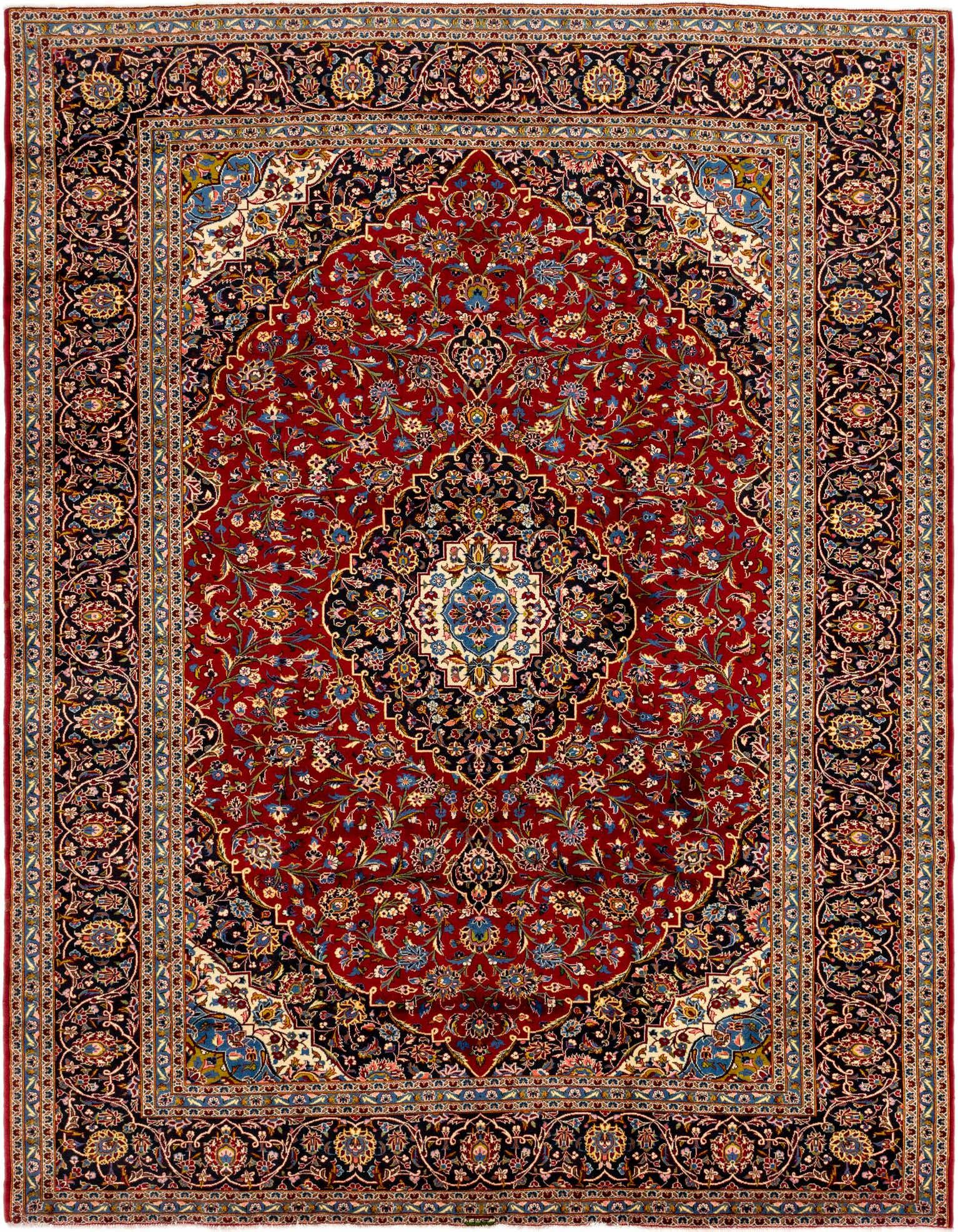 A 10x13 rectangular red Persian rug with an intricate black and blue medallion pattern and botanical motifs.