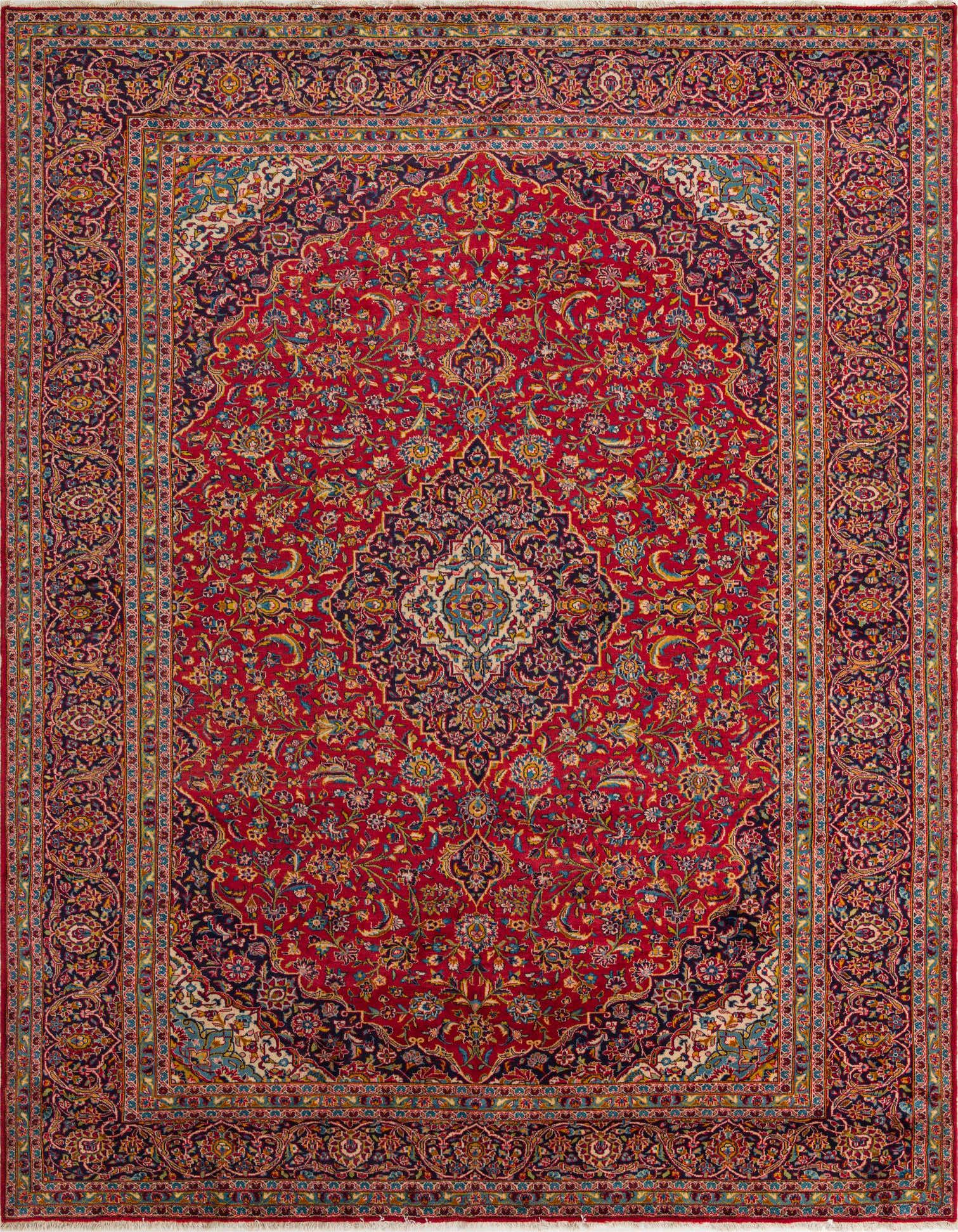 A 10x13 rectangular red Persian wool rug with an intricate botanical medallion pattern and a dark border.