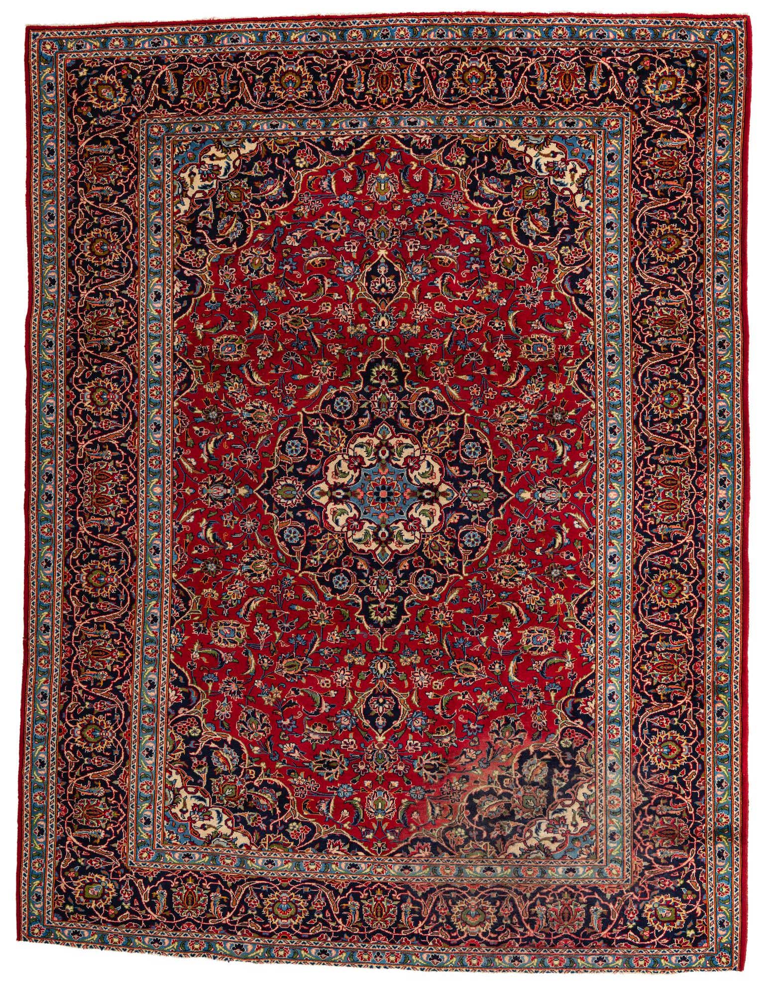 A 10x13 rectangular red Persian wool rug with a central medallion and intricate floral patterns, ideal for a living room.