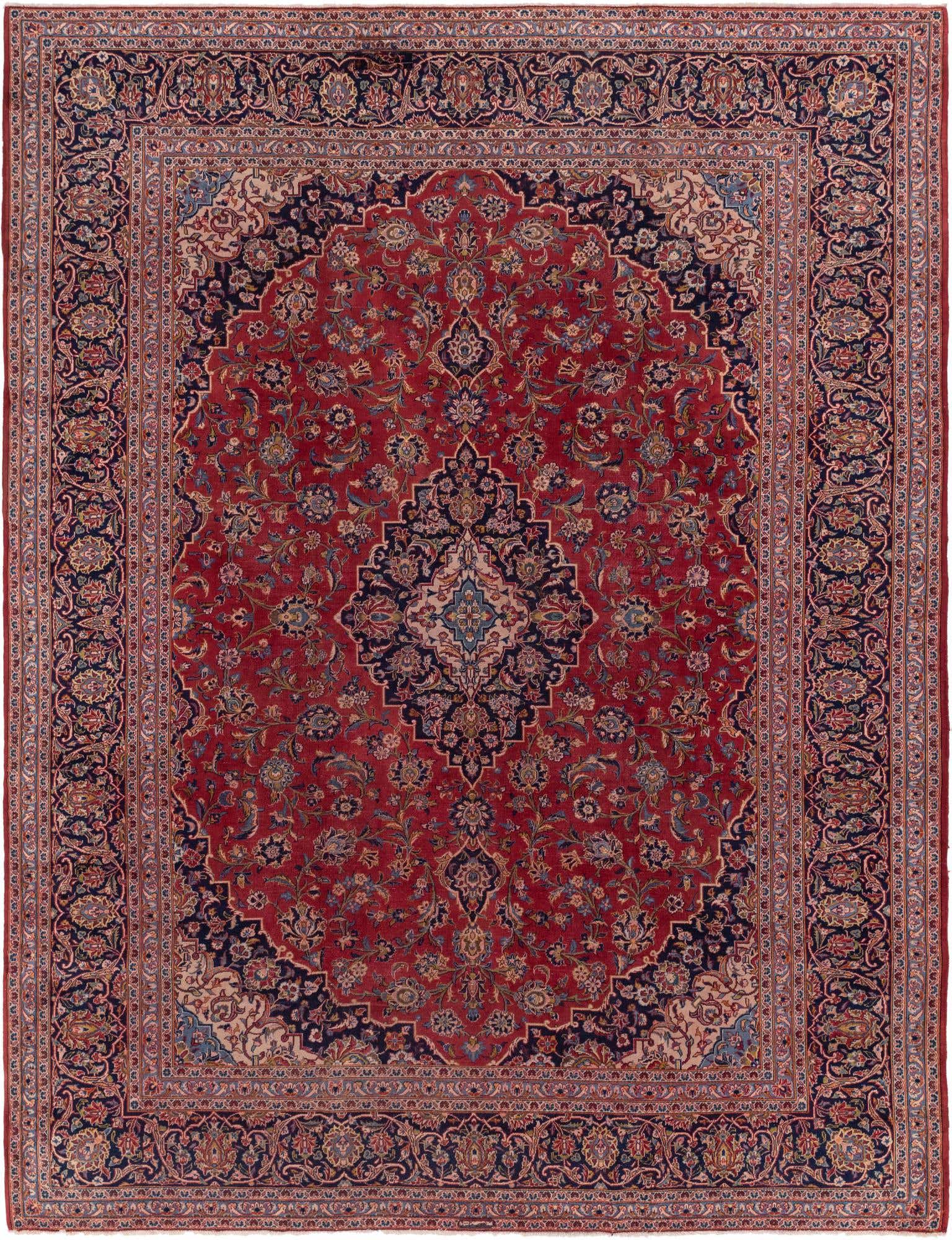 A 10x13 rectangular red Persian rug with a central medallion and intricate botanical patterns, ideal for a living room.