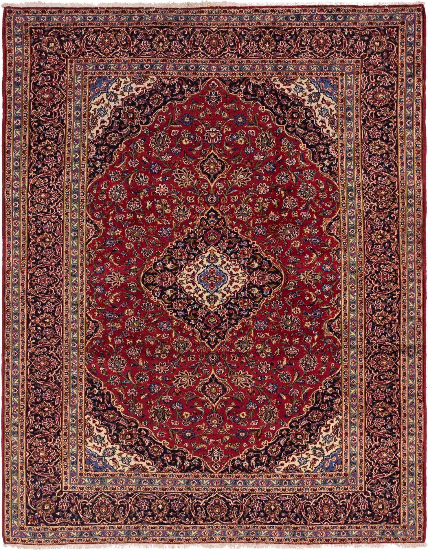 A 10x13 rectangular red Persian rug with a traditional medallion pattern and intricate floral designs.