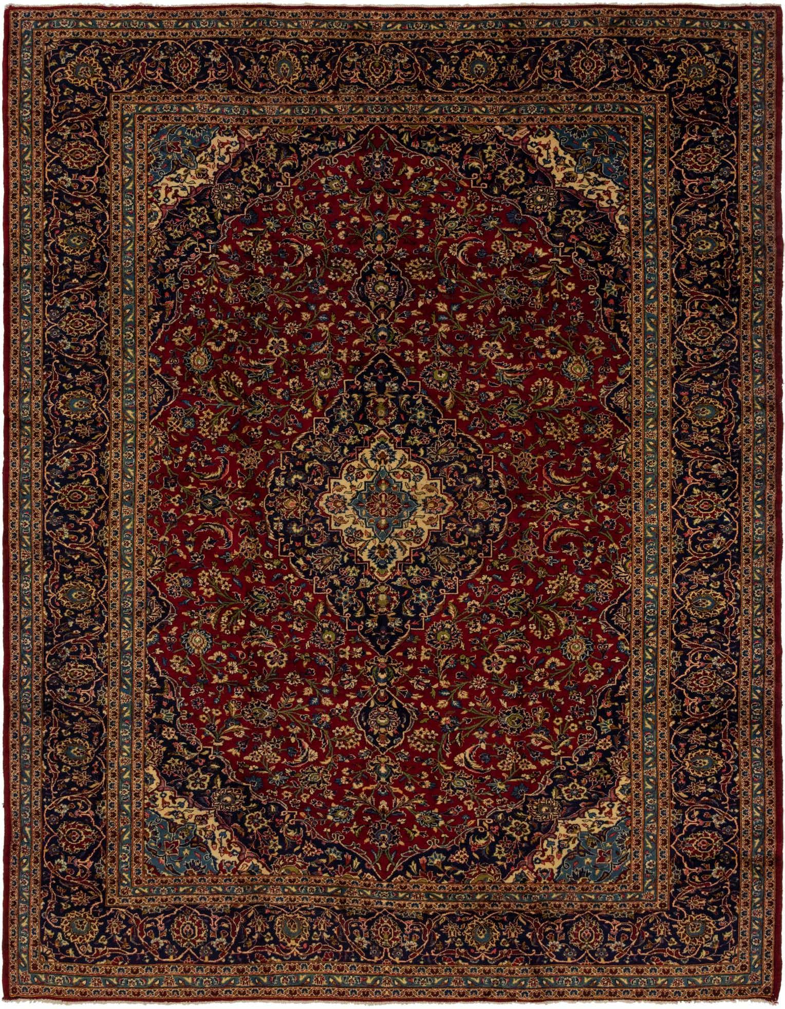 A 10x13 rectangular red Persian wool rug with a central medallion and intricate floral patterns in navy, gold, and teal.