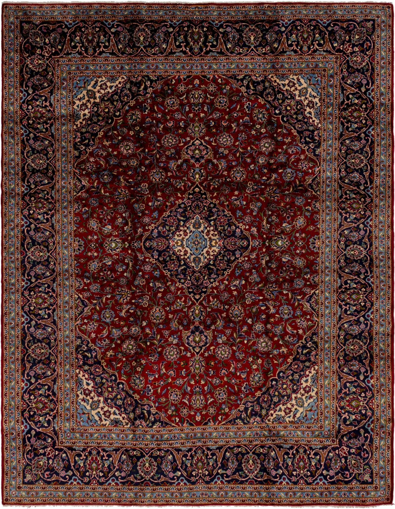 A large 10x13 rectangular Persian rug with a rich red field, intricate botanical patterns, and a dark blue border.