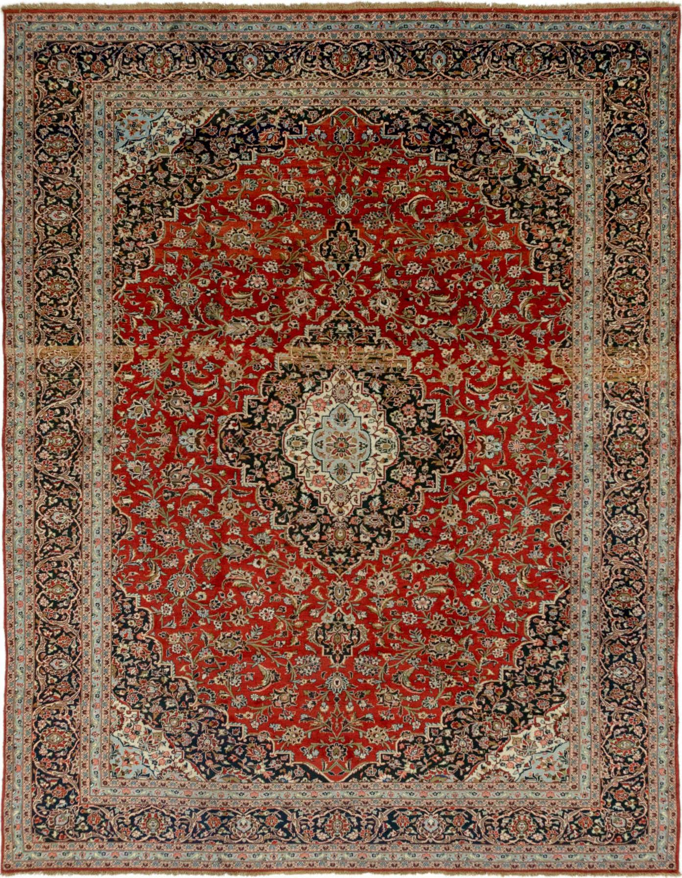 A large 10x14 rectangular red Persian wool rug with a black and light blue medallion and intricate floral patterns.