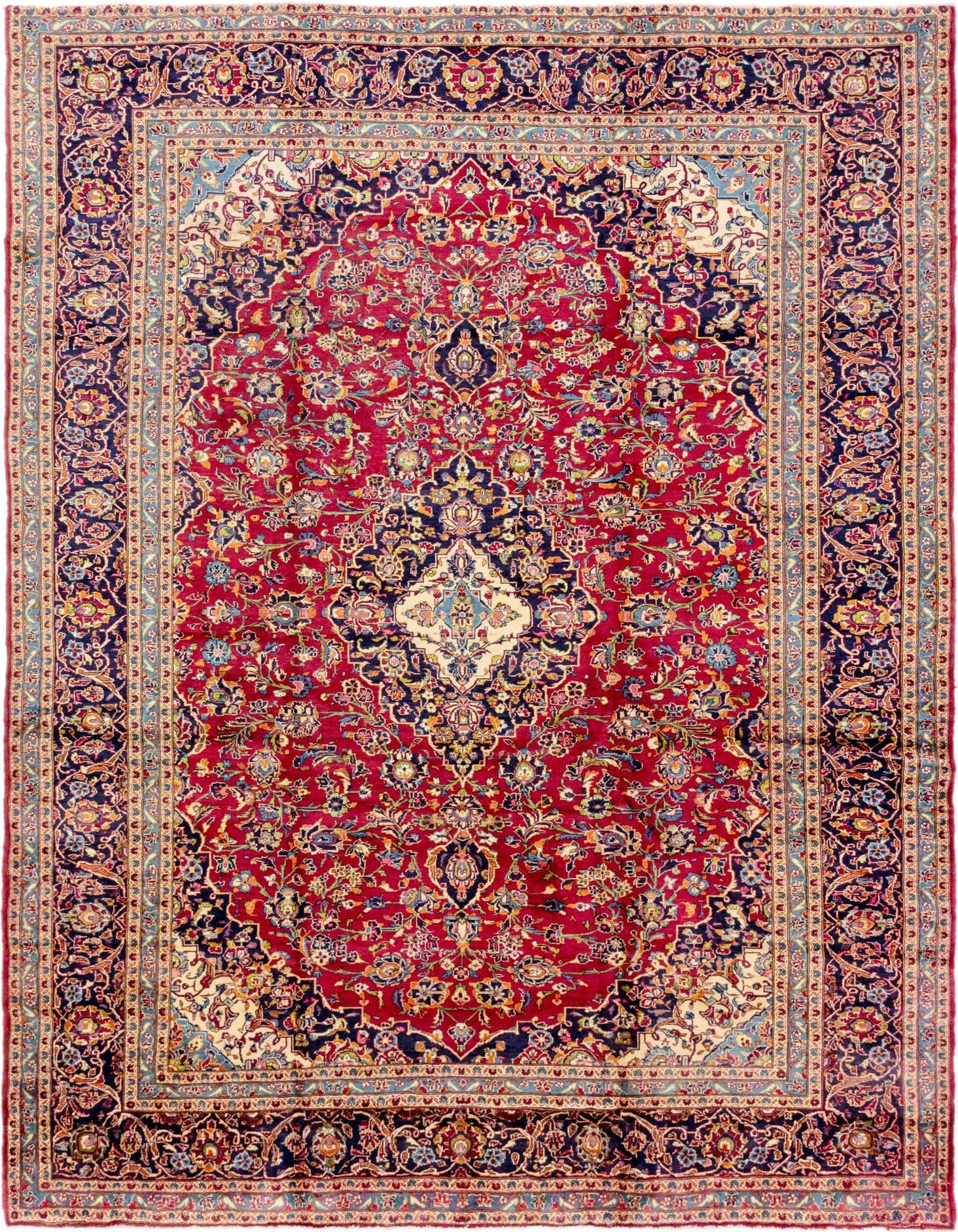 A 10x13 rectangular red Persian rug with a detailed navy and cream medallion pattern and a complex floral border.