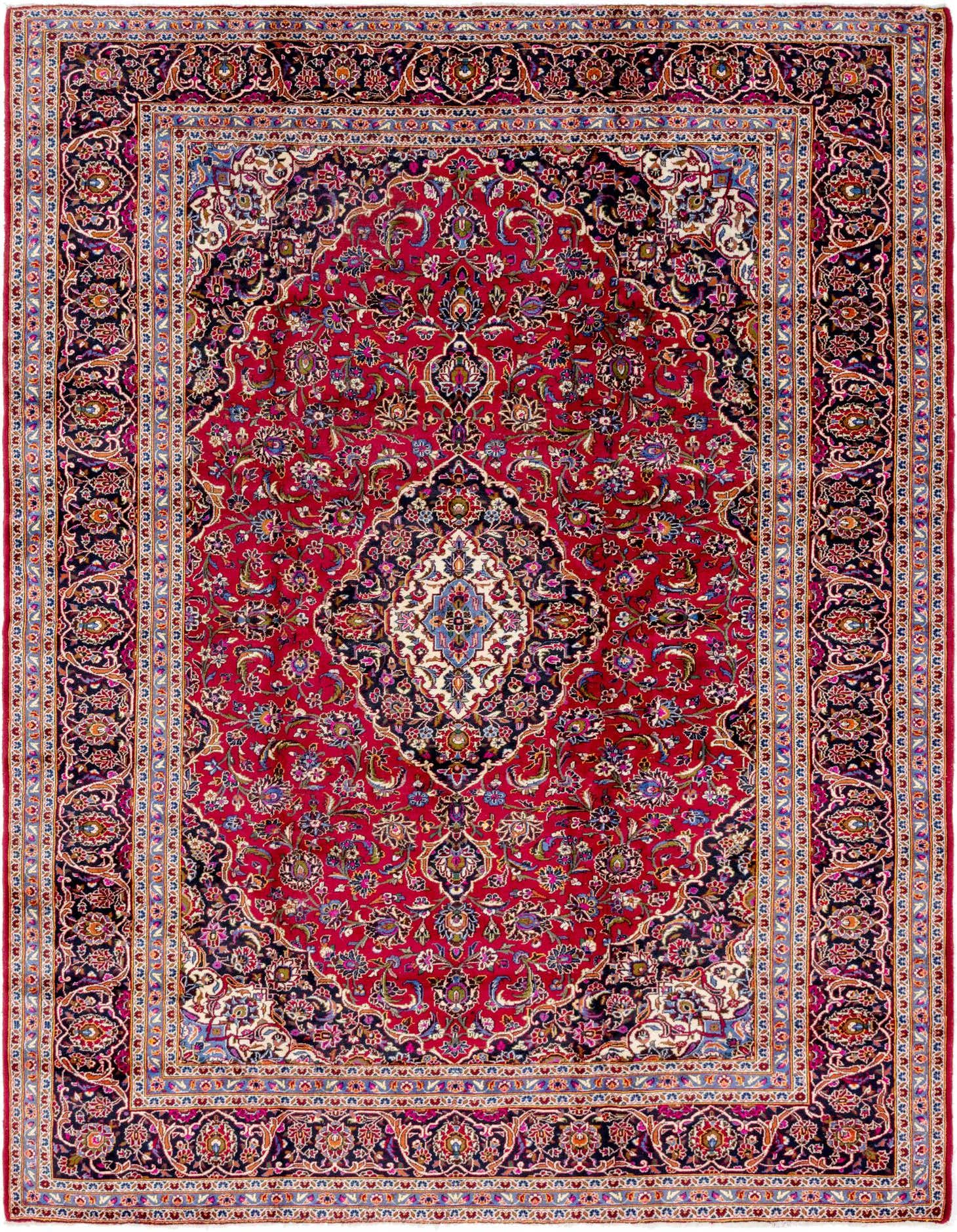 A 10x13 rectangular red Persian rug with an intricate traditional medallion pattern and floral border.