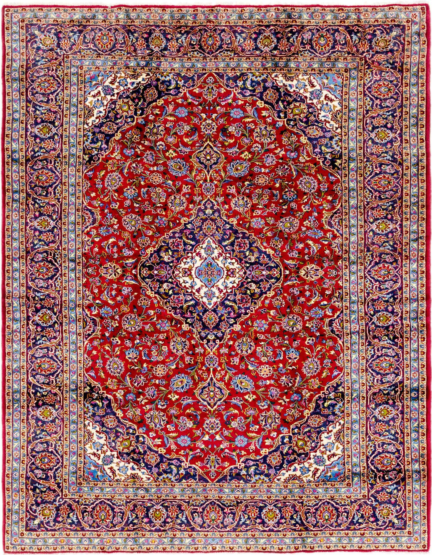 A 10x13 rectangular red Persian wool rug with an intricate botanical medallion pattern and a detailed border.