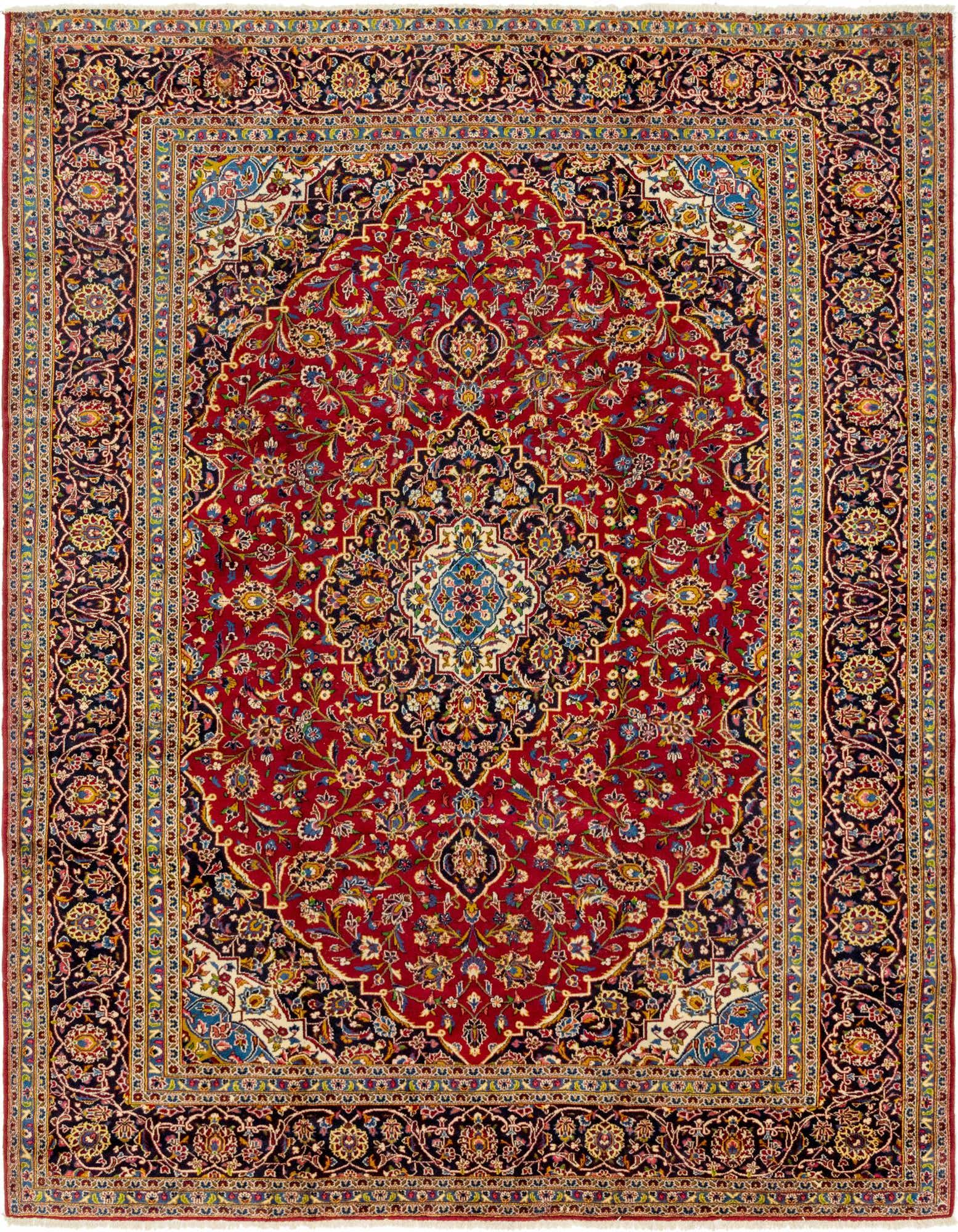A 10x13 rectangular red Persian wool rug with an intricate medallion pattern and dark blue border.