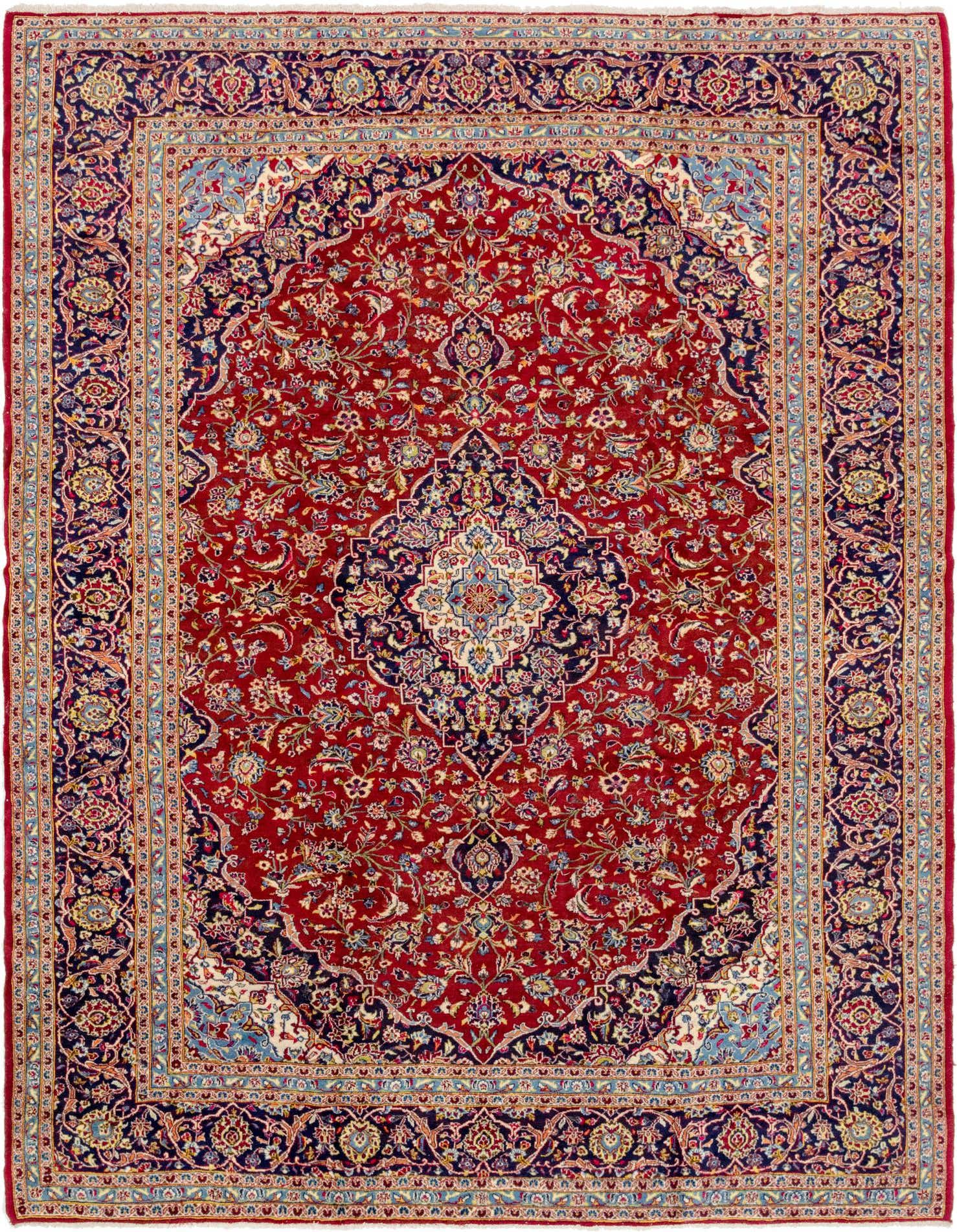 A 10x13 rectangular red Persian wool rug with an intricate traditional medallion pattern and navy border.