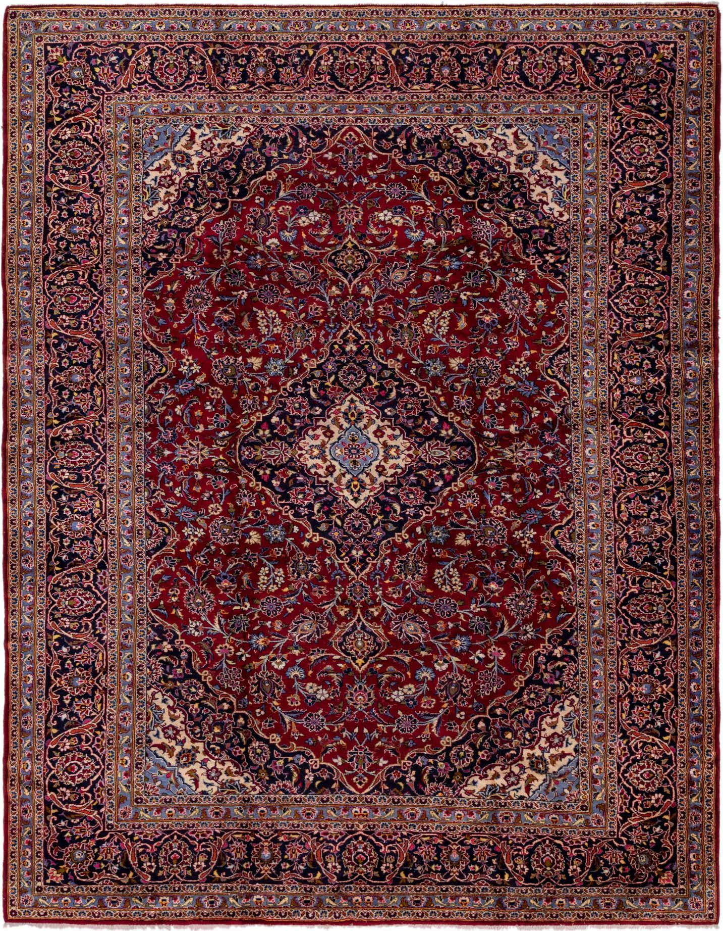 A rectangular 10x13 red Persian wool rug with a traditional medallion pattern and intricate floral border.