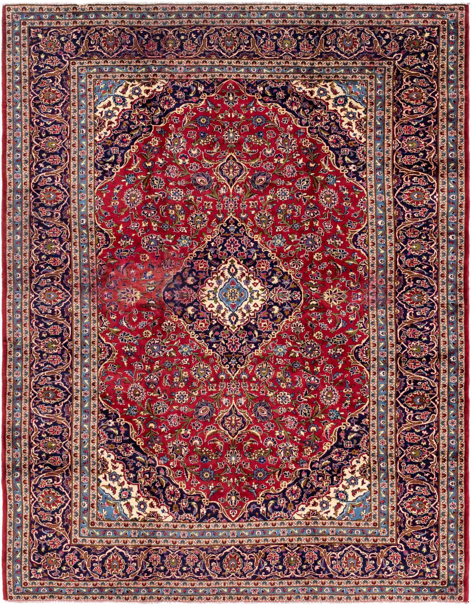A 10x13 rectangular red Persian wool rug with a central medallion and intricate botanical patterns, ideal for a living room.