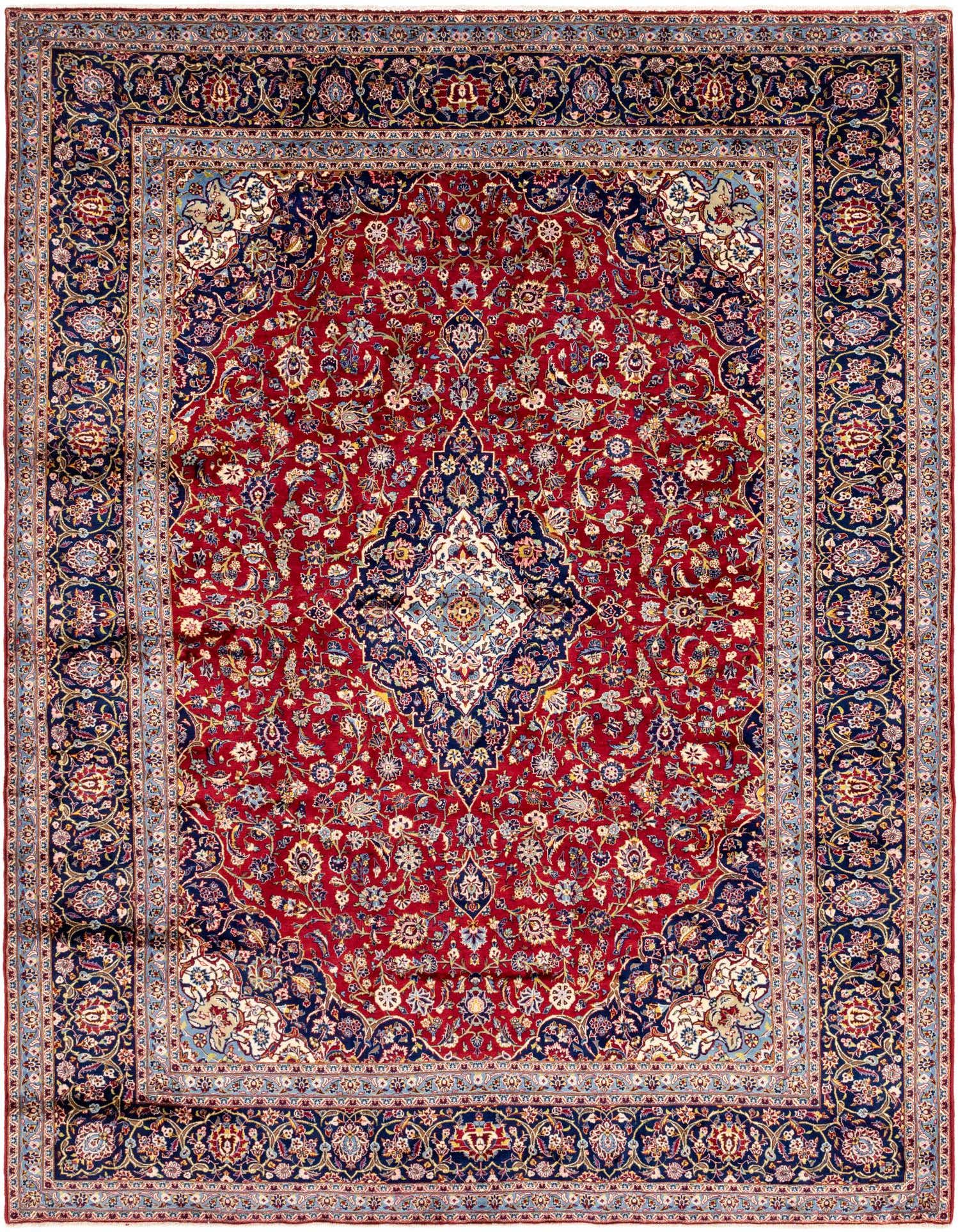 A large 10x13 rectangular red Persian rug with an intricate blue and white medallion pattern, perfect for a traditional living room.