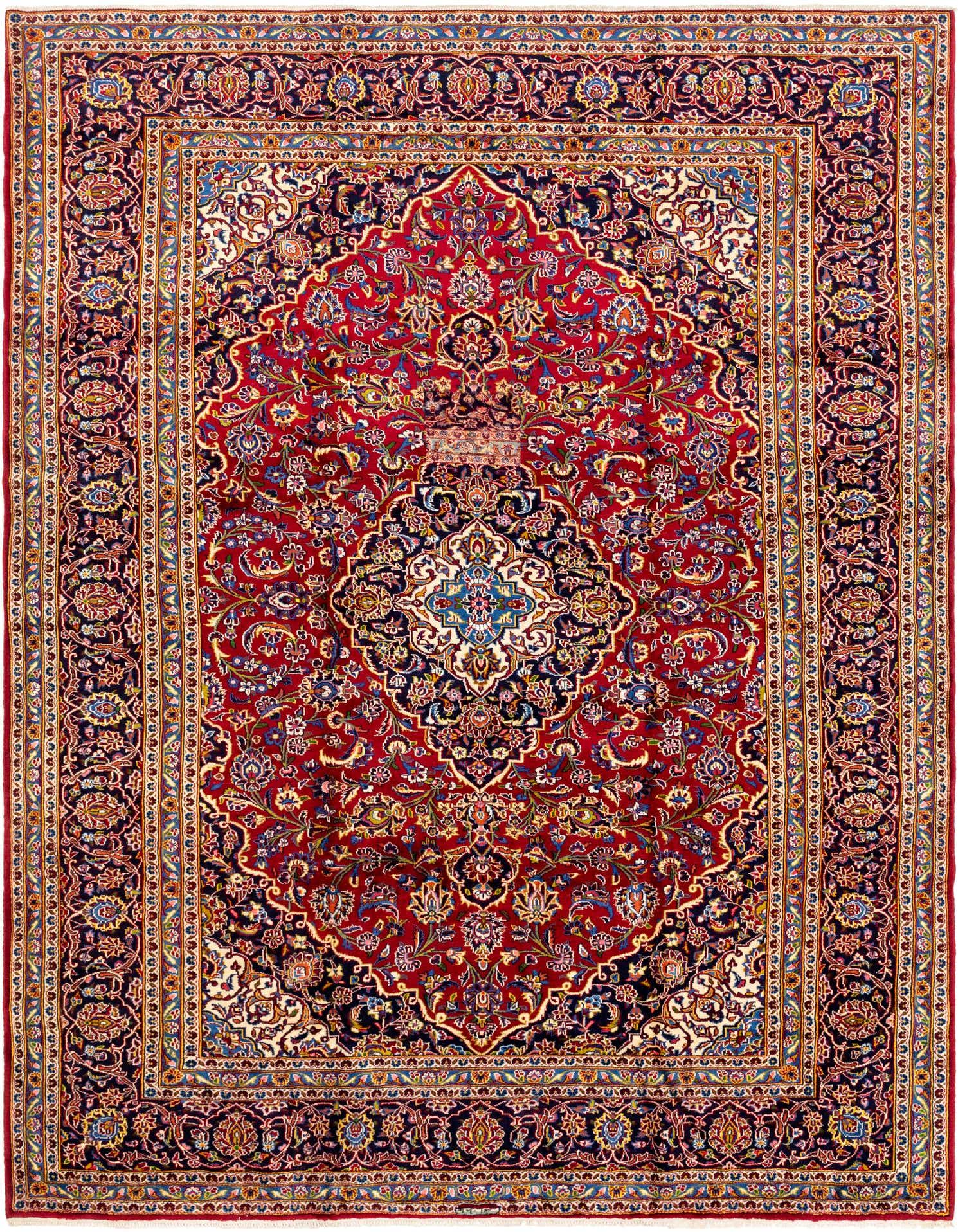 A 10x13 rectangular red Persian rug with a central medallion and intricate botanical patterns in blue, gold, and cream.