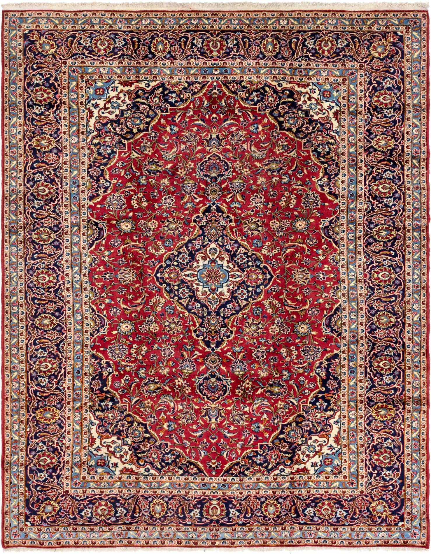 A large 10x13 rectangular red Persian rug with an intricate traditional botanical medallion pattern in navy, cream, and blue.