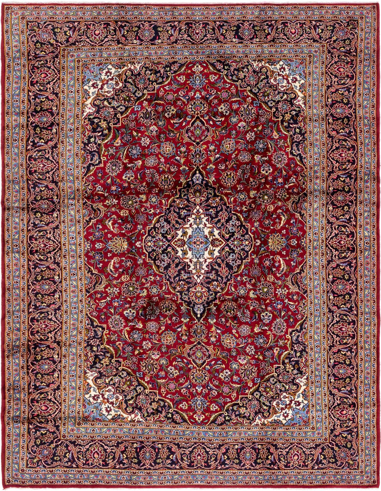 A 10x13 rectangular red Persian rug with intricate botanical and medallion patterns, featuring a dark border and a central light-colored medallion.