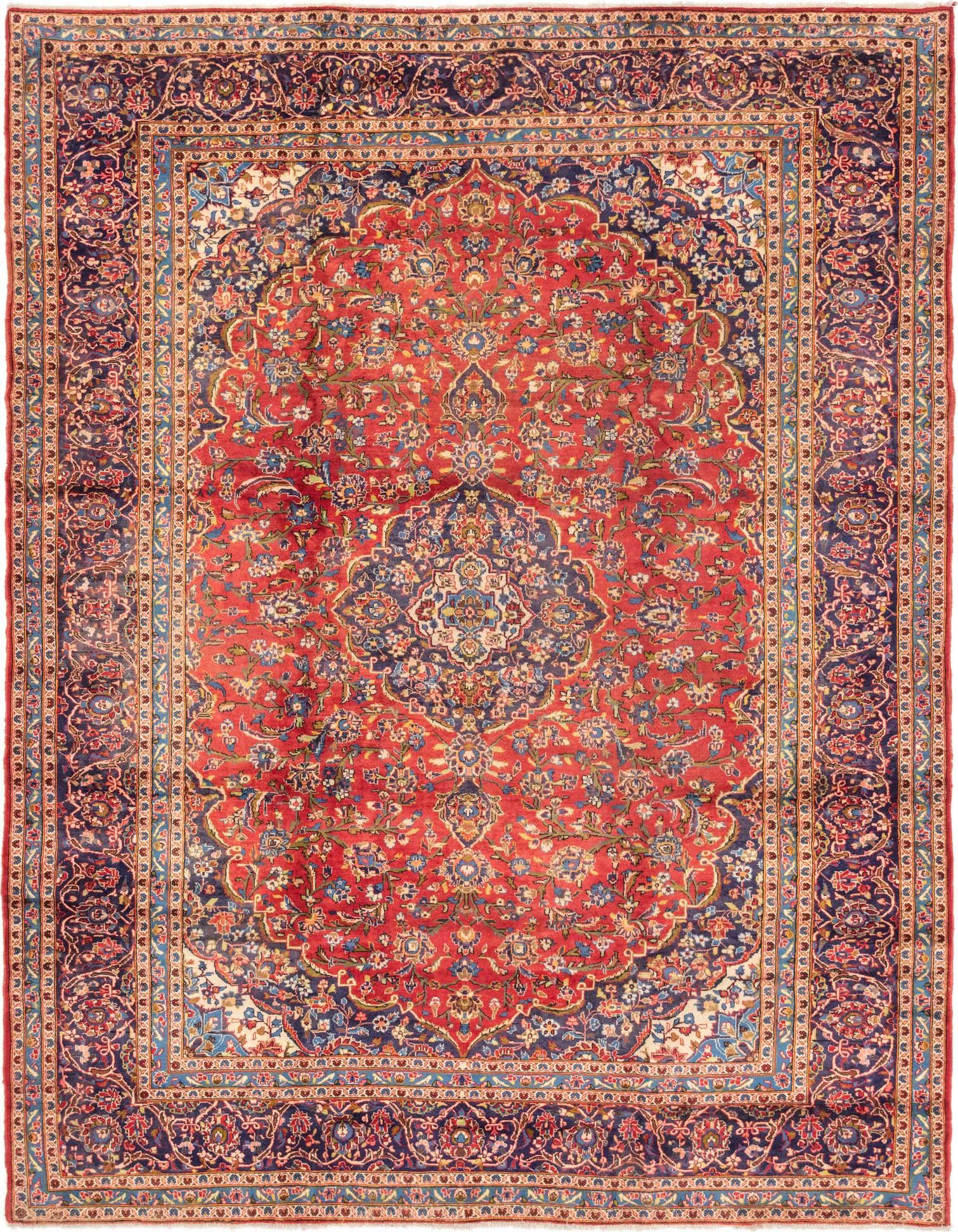 A 10x13 rectangular red Persian wool rug with a traditional medallion pattern and intricate floral designs.