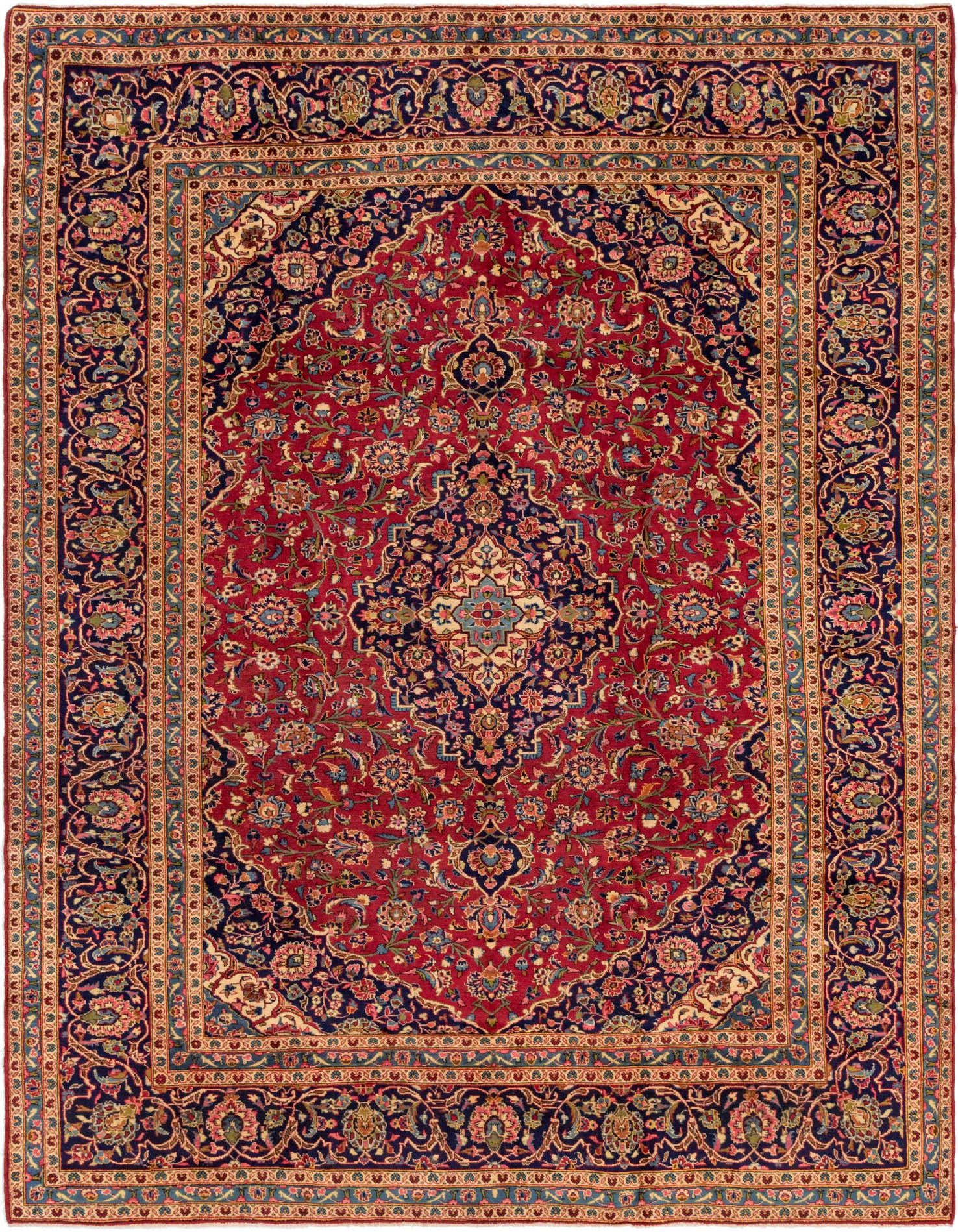 A 10x13 rectangular red Persian rug with an intricate floral medallion design and a navy border, suitable for a living room.