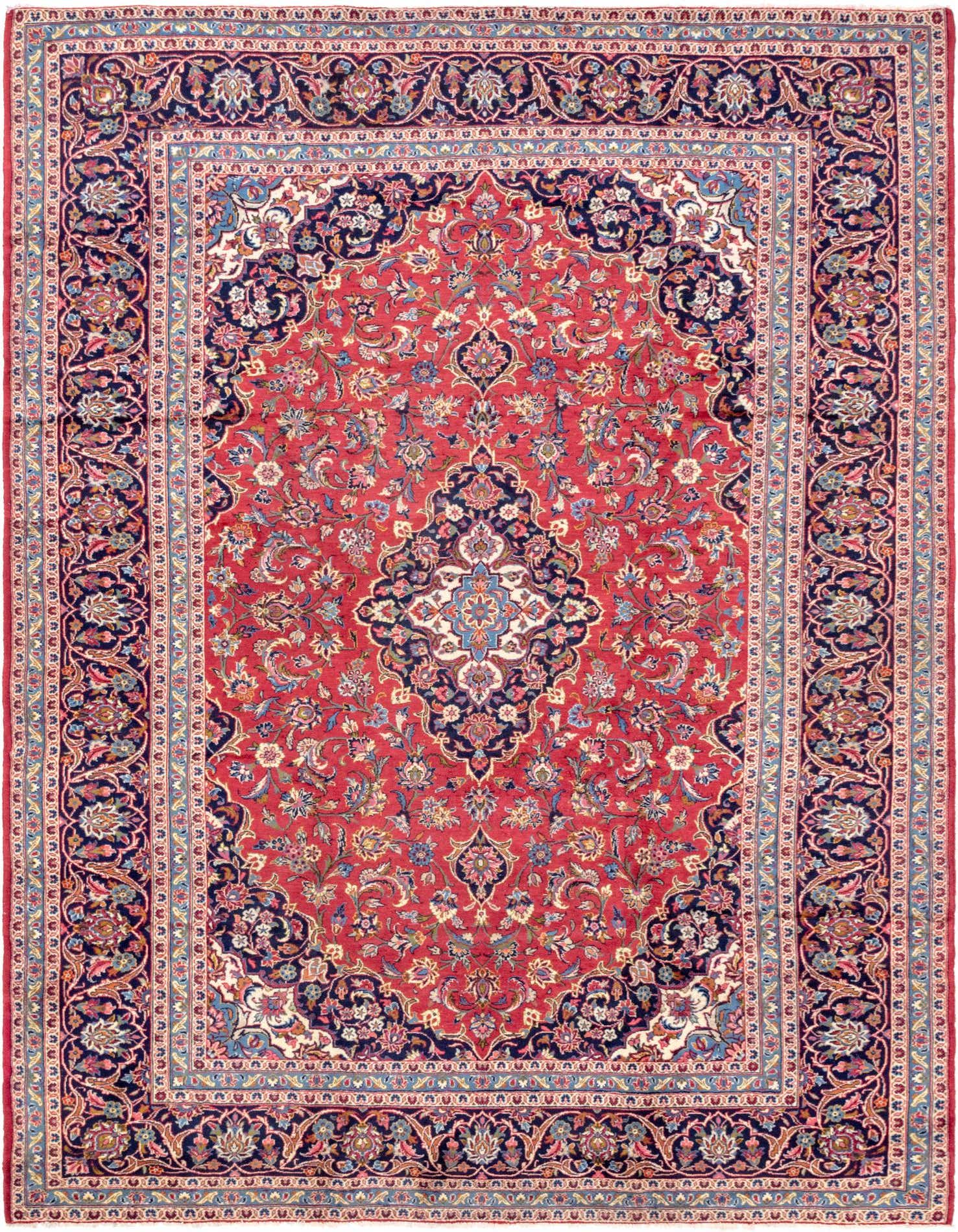 A 10x13 rectangular red Persian wool rug with a central medallion and intricate floral patterns in navy, blue, and cream.