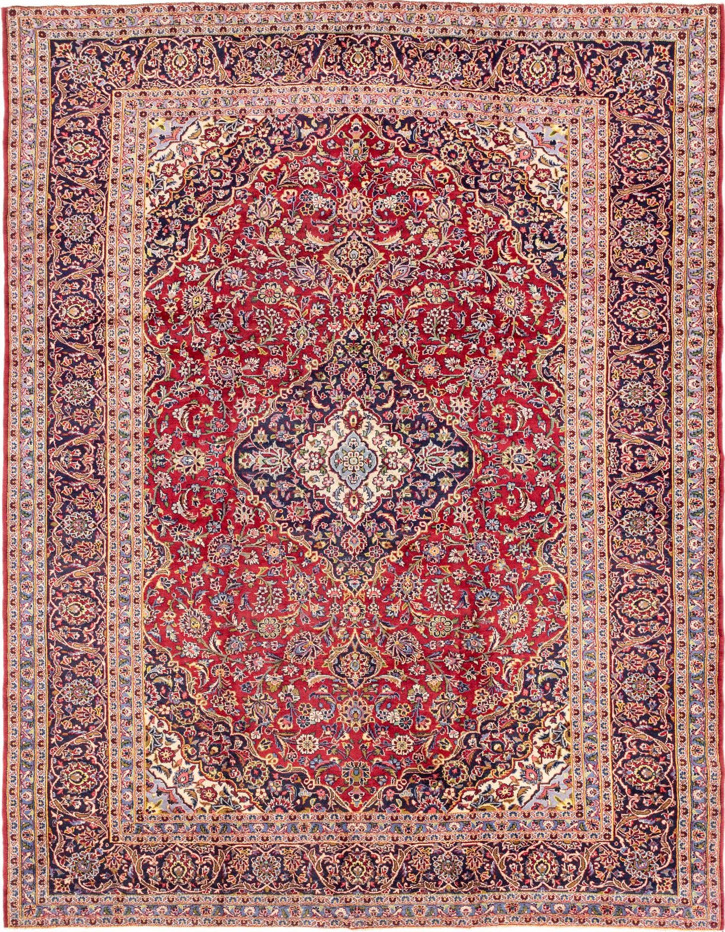 A large 10x13 rectangular red Persian wool rug with an intricate botanical medallion pattern and dark blue border.
