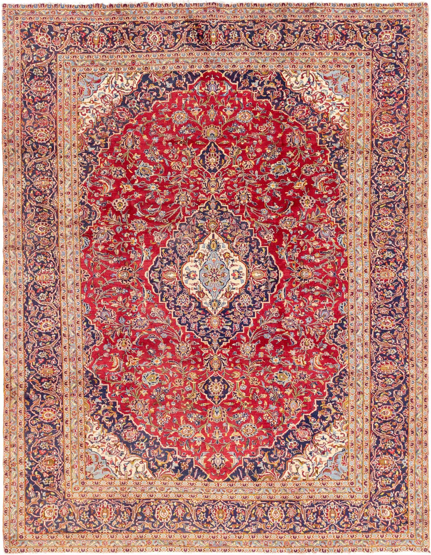 A 10x13 rectangular red Persian wool rug with an intricate navy and cream medallion and botanical pattern.