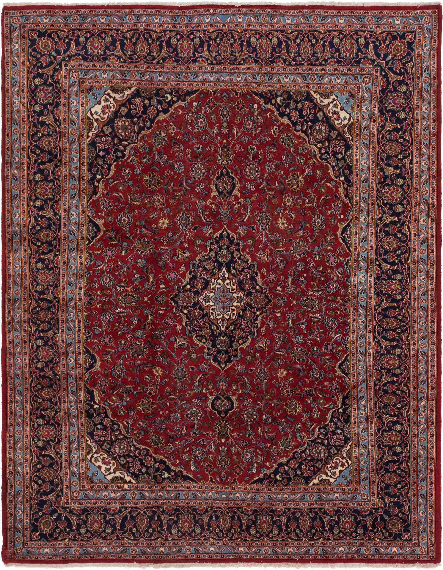A large 10x13 rectangular red Persian rug with a detailed navy blue border and central medallion pattern.