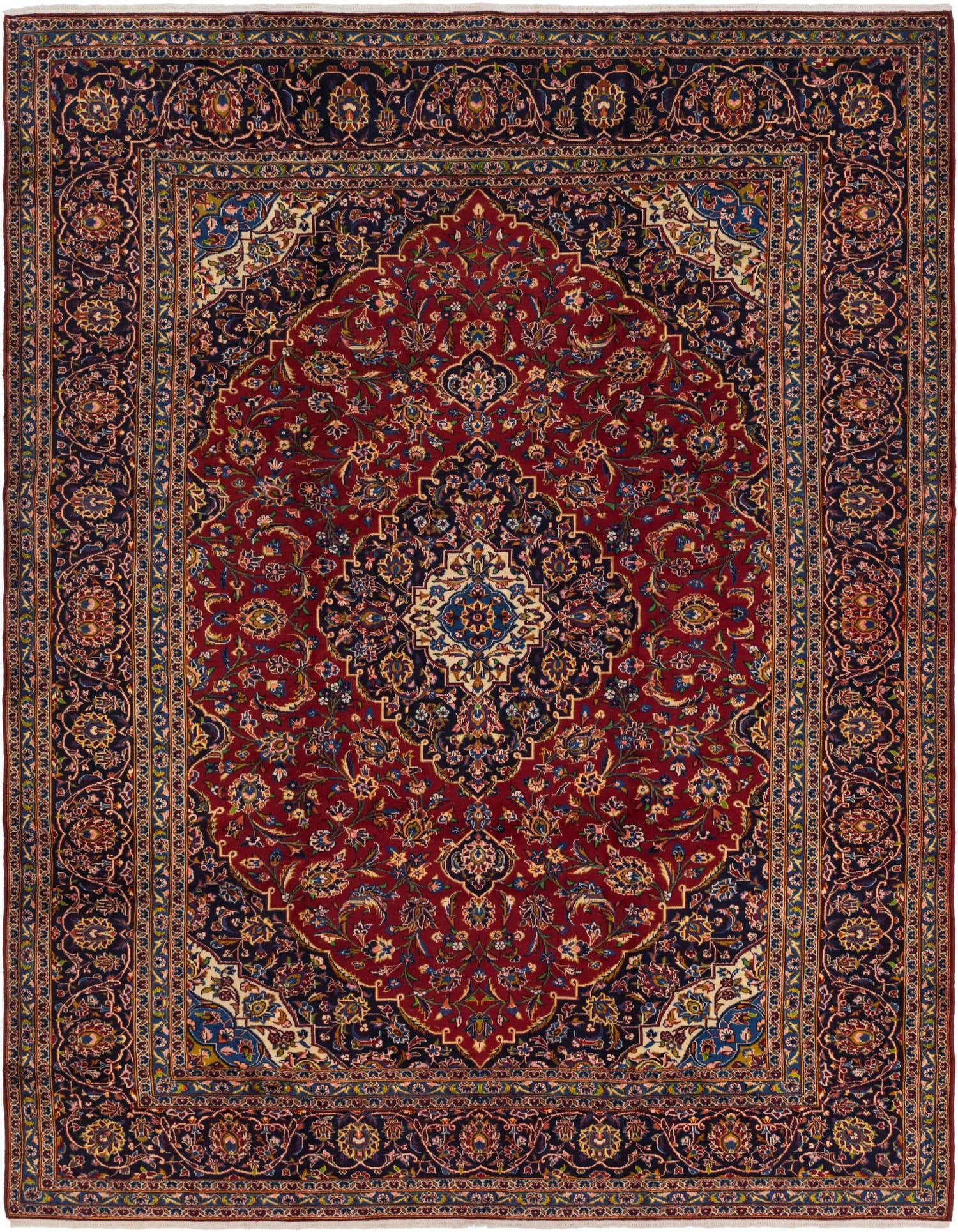 A 10x13 rectangular red Persian rug with a central medallion and intricate botanical patterns in navy, gold, and cream.