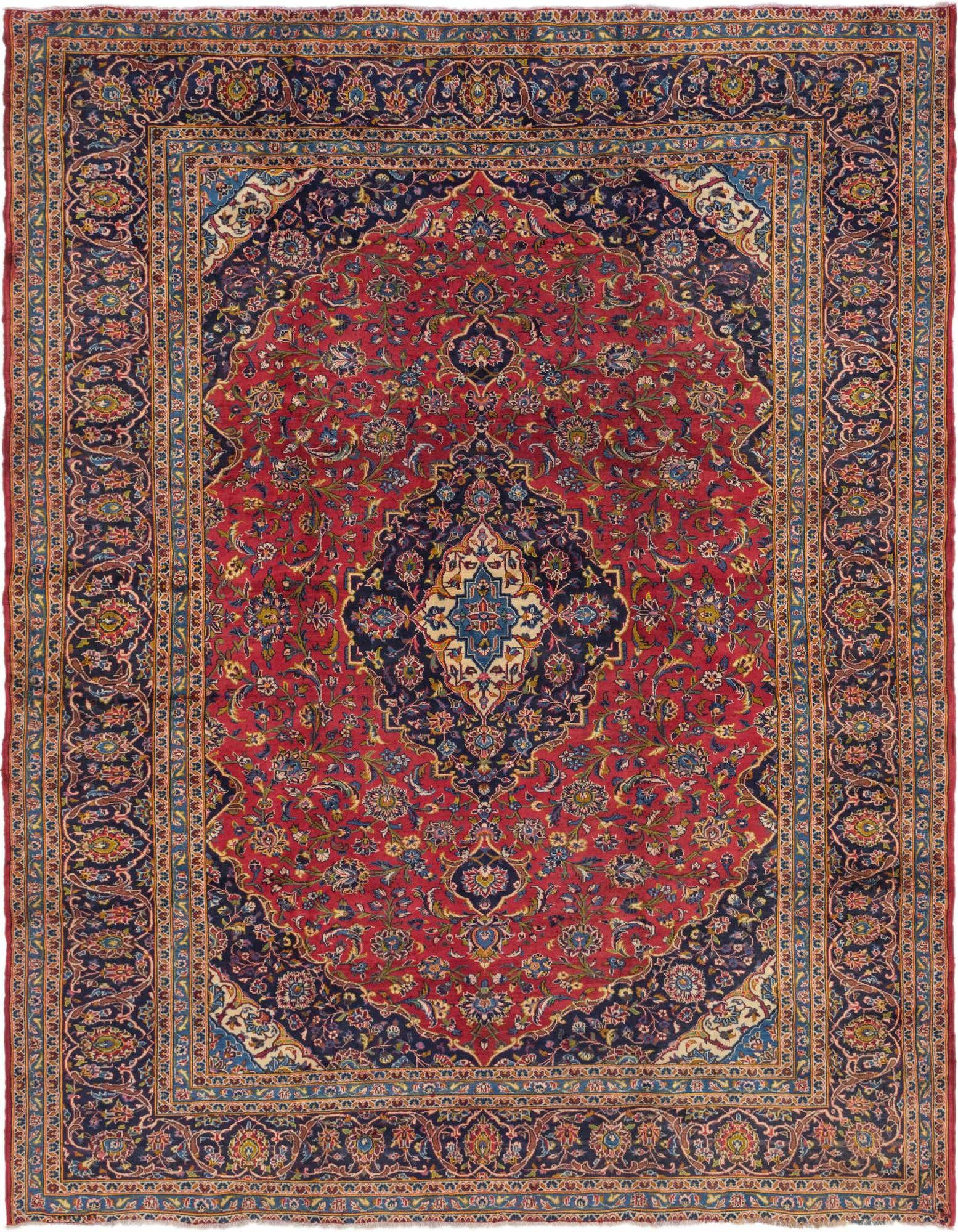 A 10x13 rectangular red Persian wool rug with a central medallion and intricate botanical patterns, ideal for a living room.