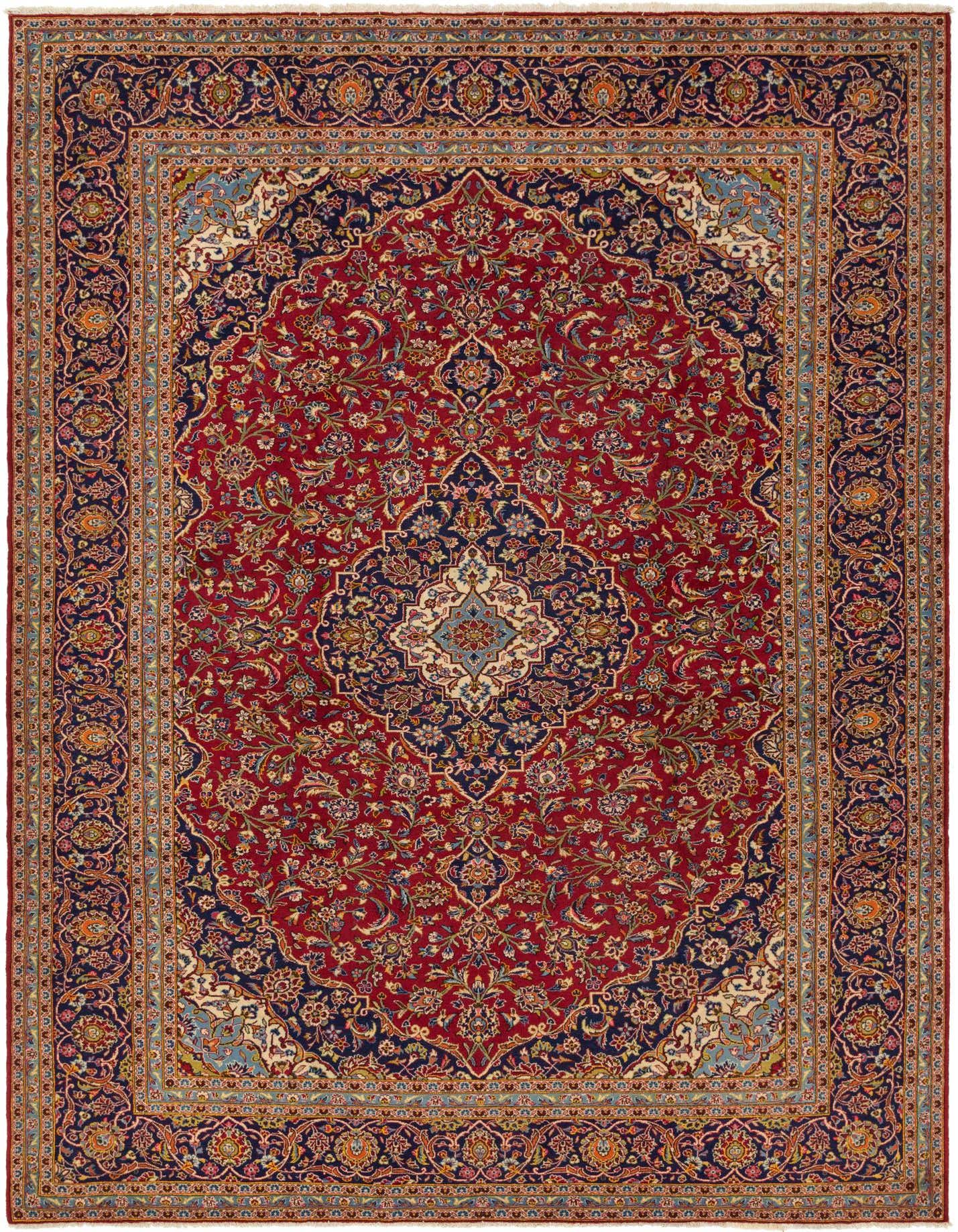 A 10x13 rectangular red Persian wool rug with an intricate floral medallion pattern and navy border.