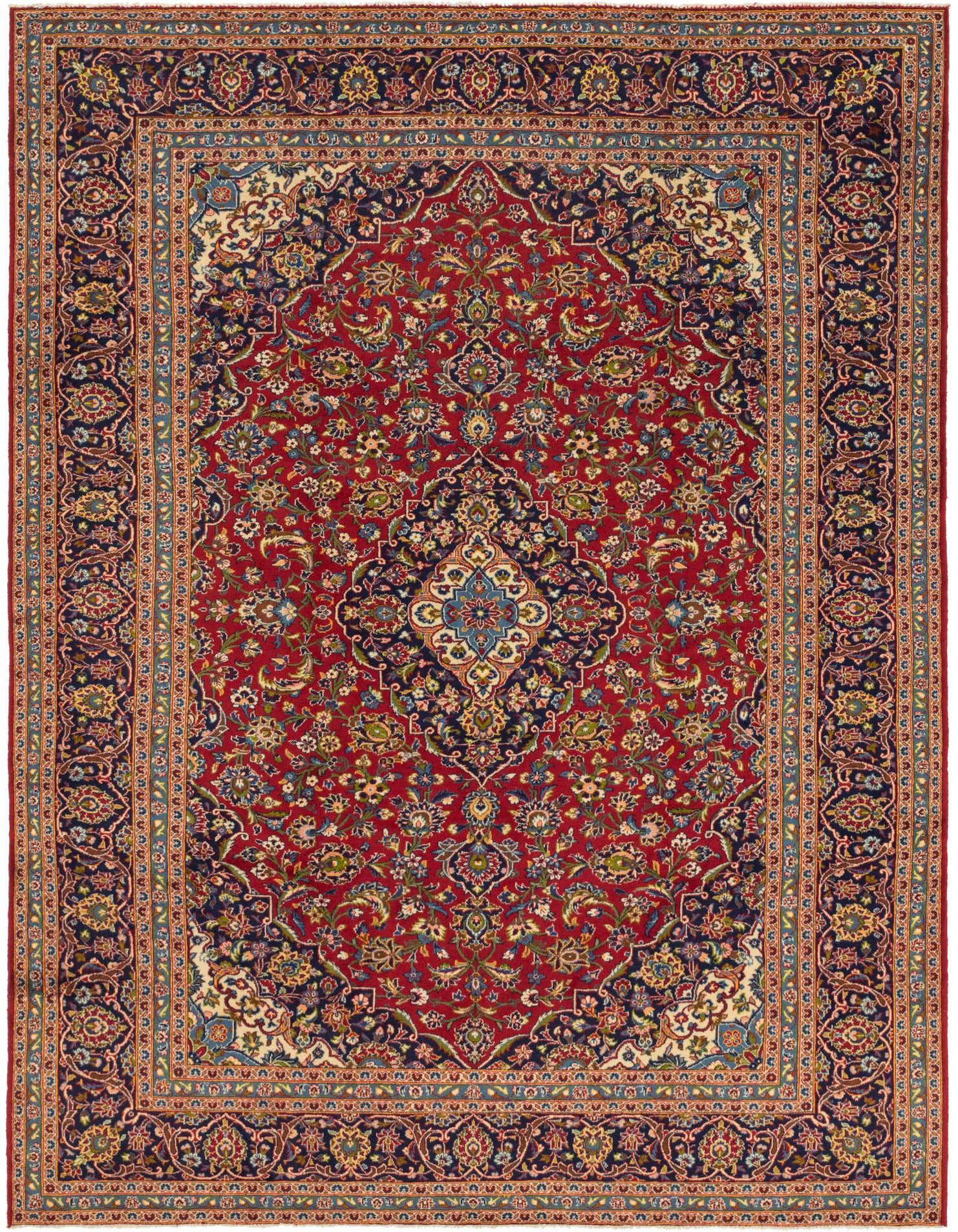 A 10x13 rectangular red Persian wool rug with a detailed navy and cream medallion and botanical patterns.