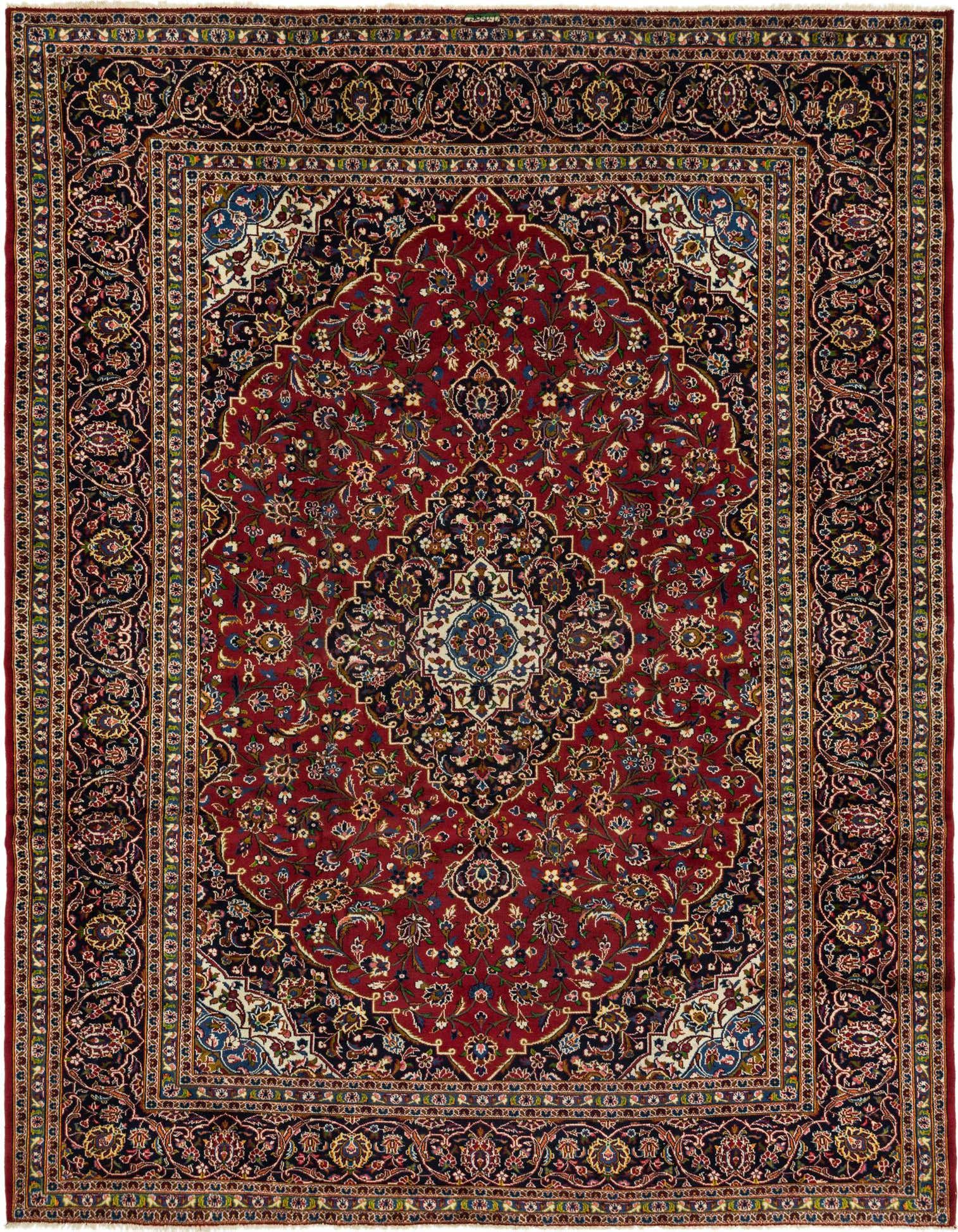 A 10x13 rectangular red Persian wool rug with a central medallion and intricate floral patterns, ideal for a living room.