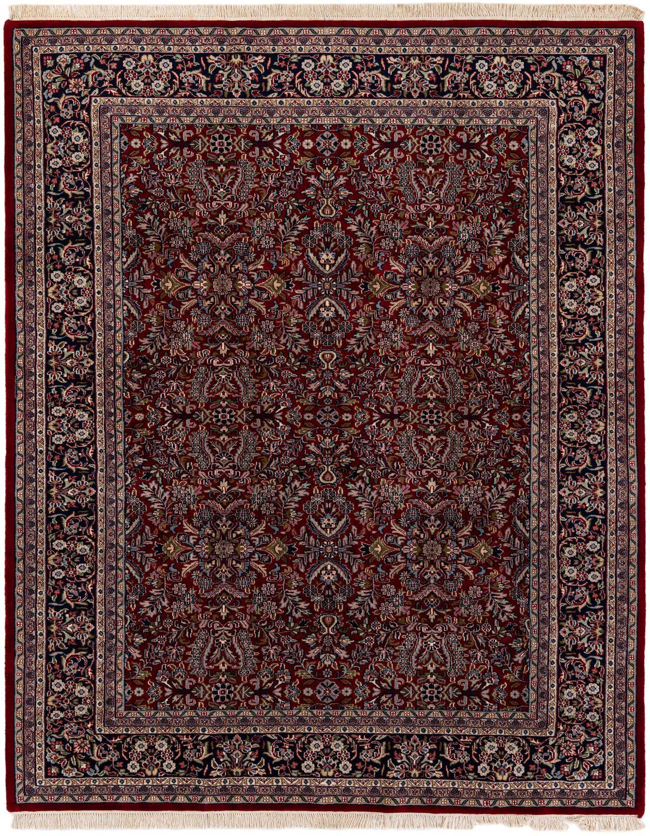 A 7x10 rectangular Kashan rug in deep red, featuring a traditional Oriental medallion pattern with intricate floral motifs and a dark border.