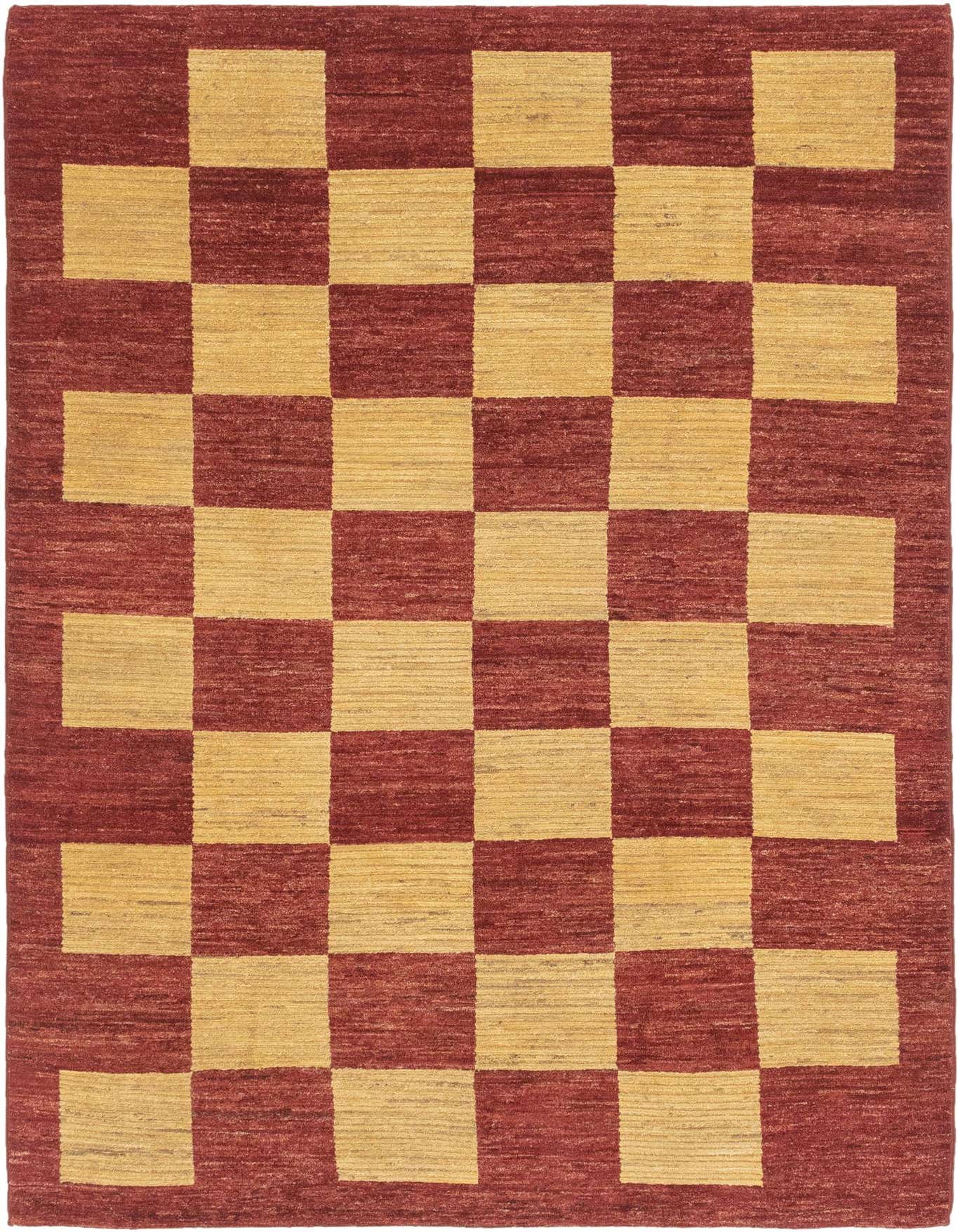 A 6x9 rectangular Kashkuli Gabbeh rug featuring a bold checkerboard pattern in varying shades of red and natural beige wool.
