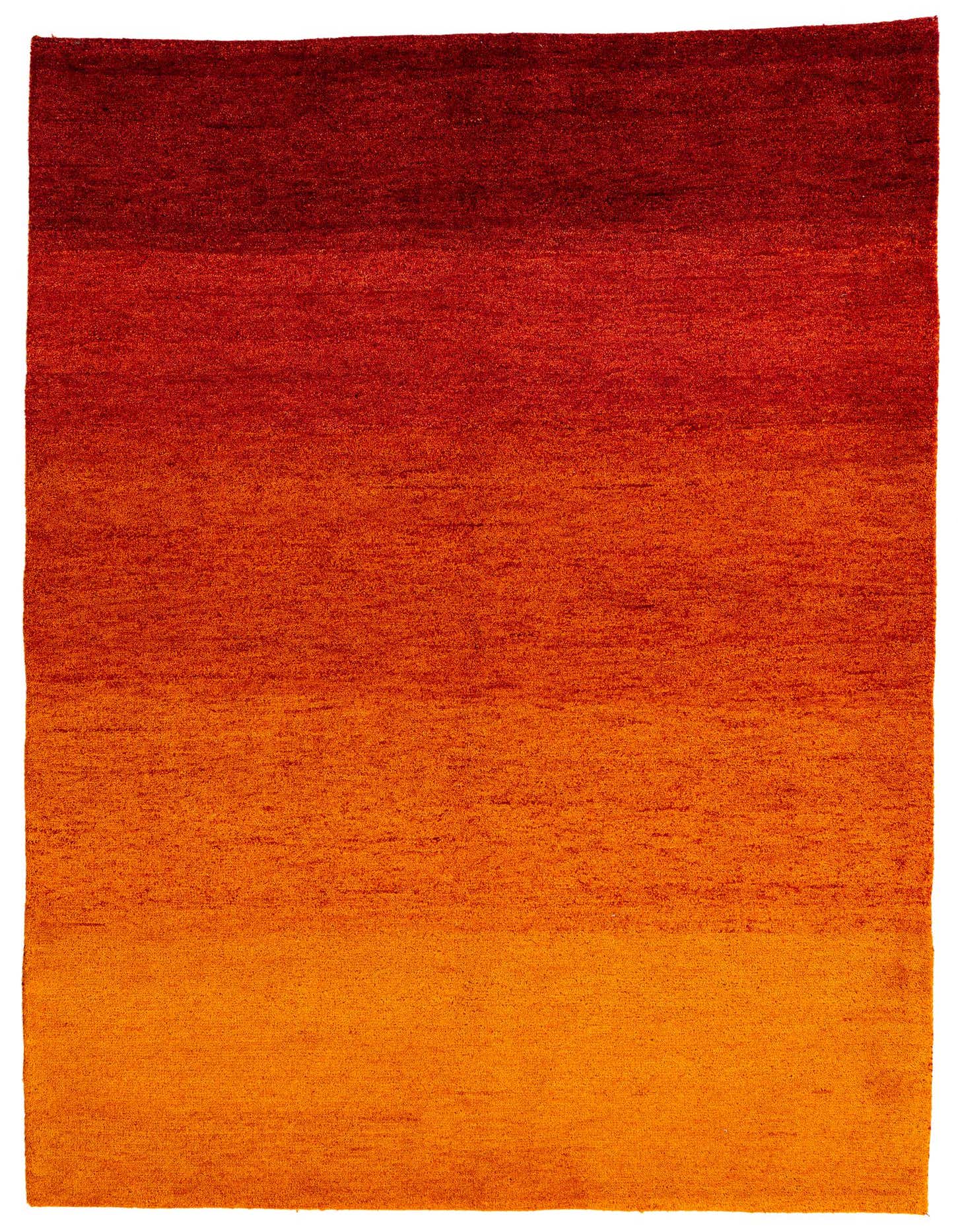 A 6x9 rectangular Kashkuli Gabbeh rug featuring a modern gradient from deep red to vibrant orange, handmade from wool.
