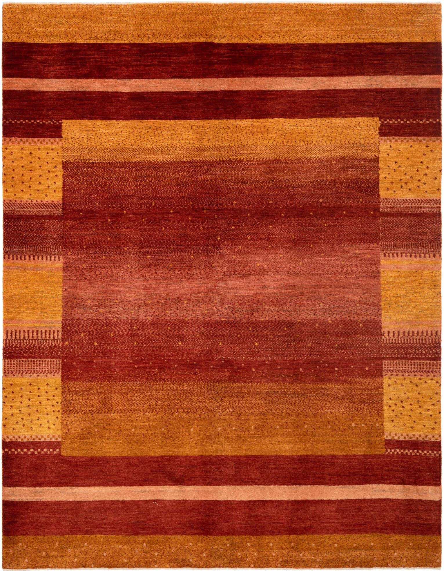 A 5x8 rectangular Persian rug with a rich red center fading to lighter reds and a gold border with subtle patterns.