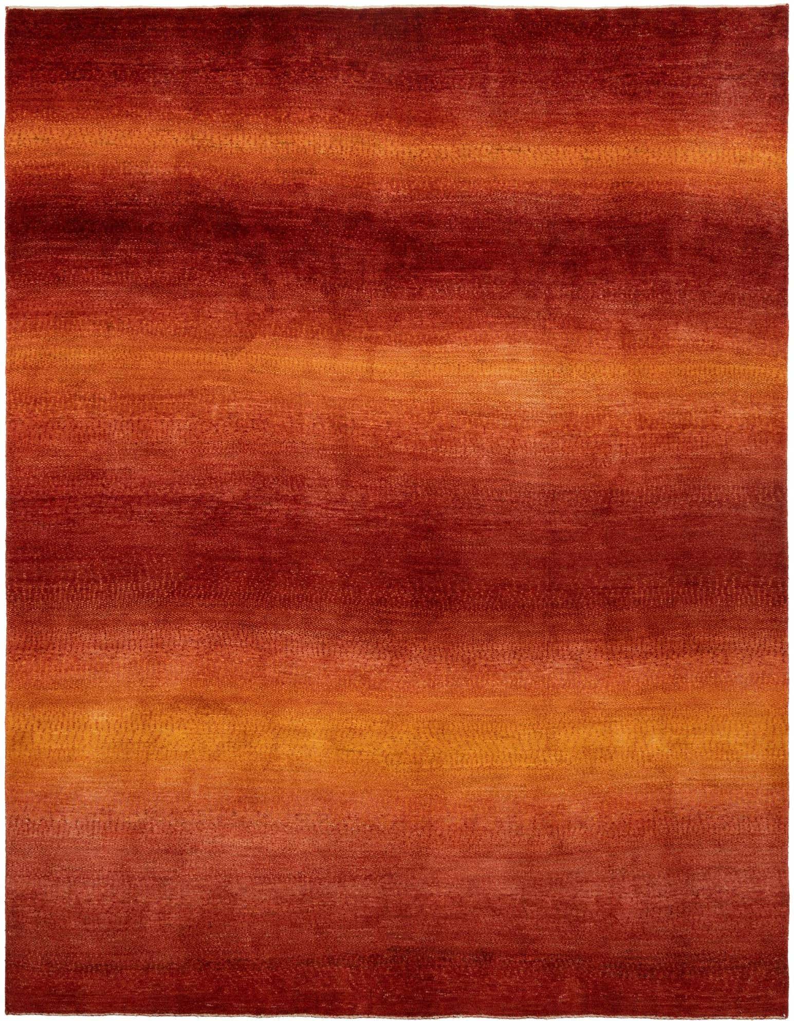 A rectangular 8x10 Kashkuli Persian rug featuring horizontal bands of varying red and orange tones.