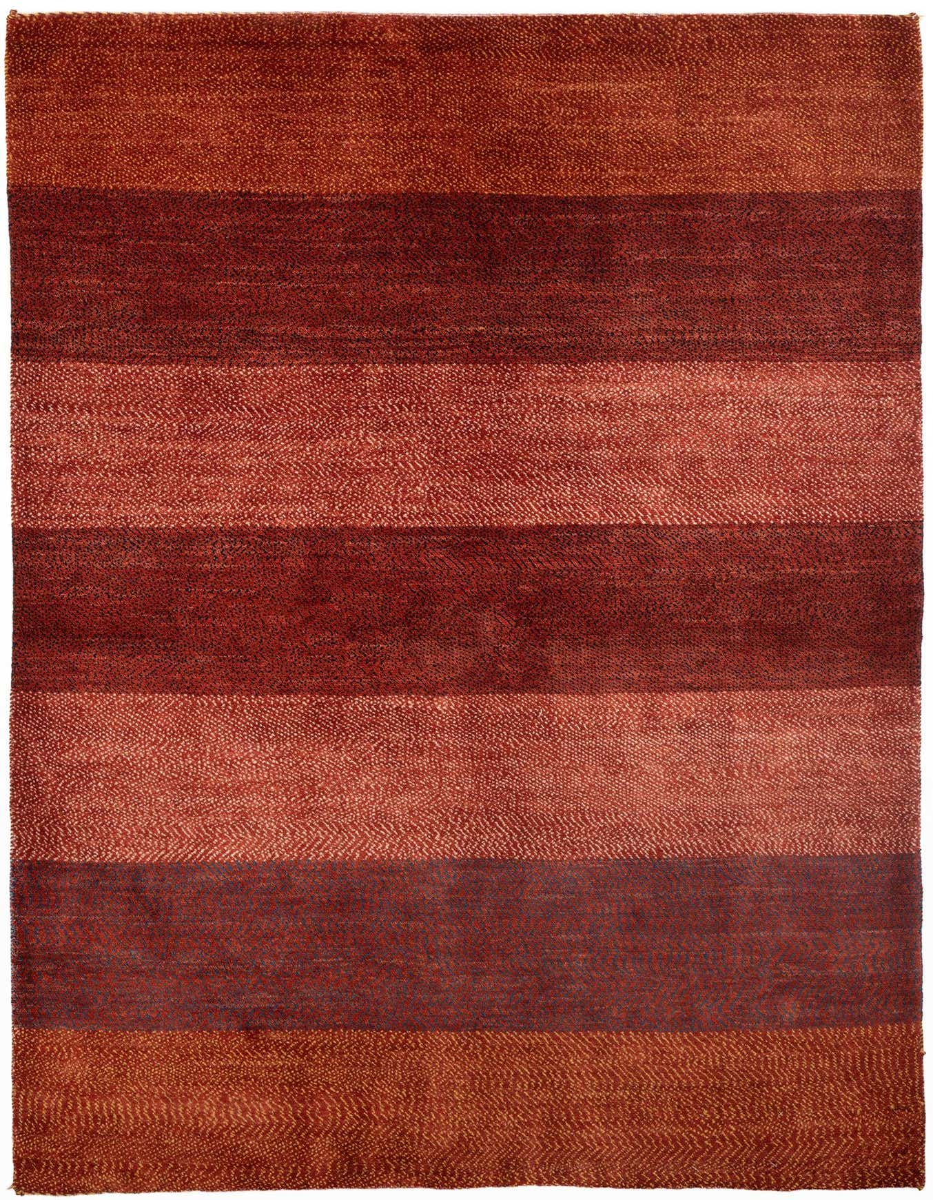 A 4x6 rectangular Kashkuli Persian rug with alternating stripes of deep and lighter reds, handmade from wool.